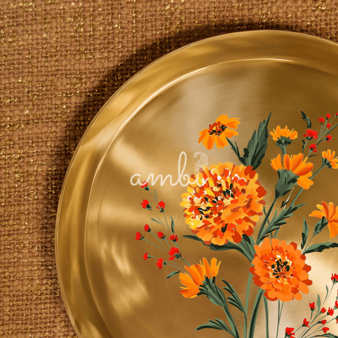 AMBI 100% Pure Kansa Marigold Hand Painted Finish Dining Plate / Thali / Pooja Plate Curved Edge - - 11.5 Inch