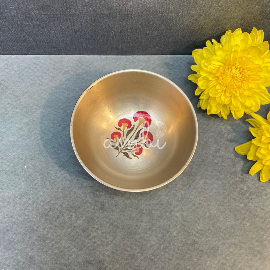 AMBI Lead Free 100% Pure Kansa Floral Hand Painted Finish Small Bowl - (Katori) 3 inch