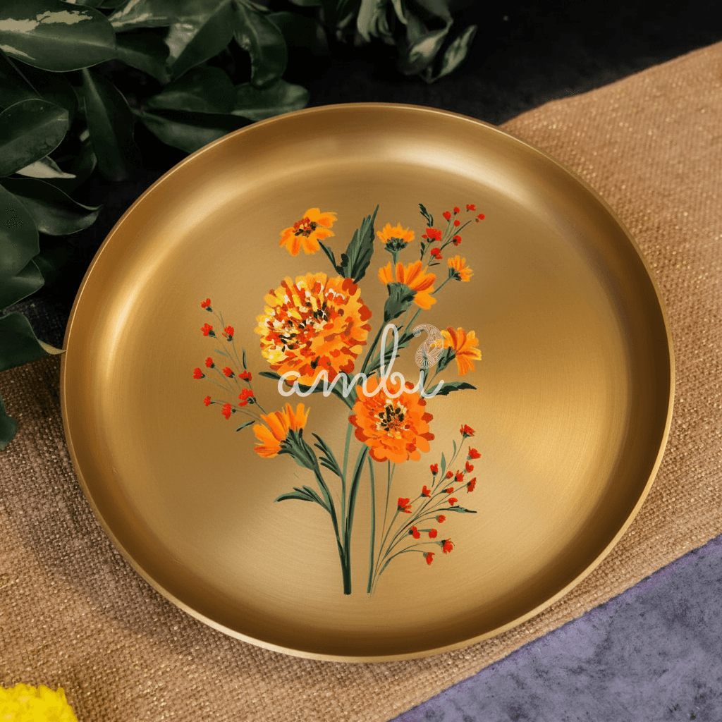 AMBI 100% Pure Kansa Marigold Hand Painted Finish Dining Plate / Thali / Pooja Plate Curved Edge - - 11.5 Inch