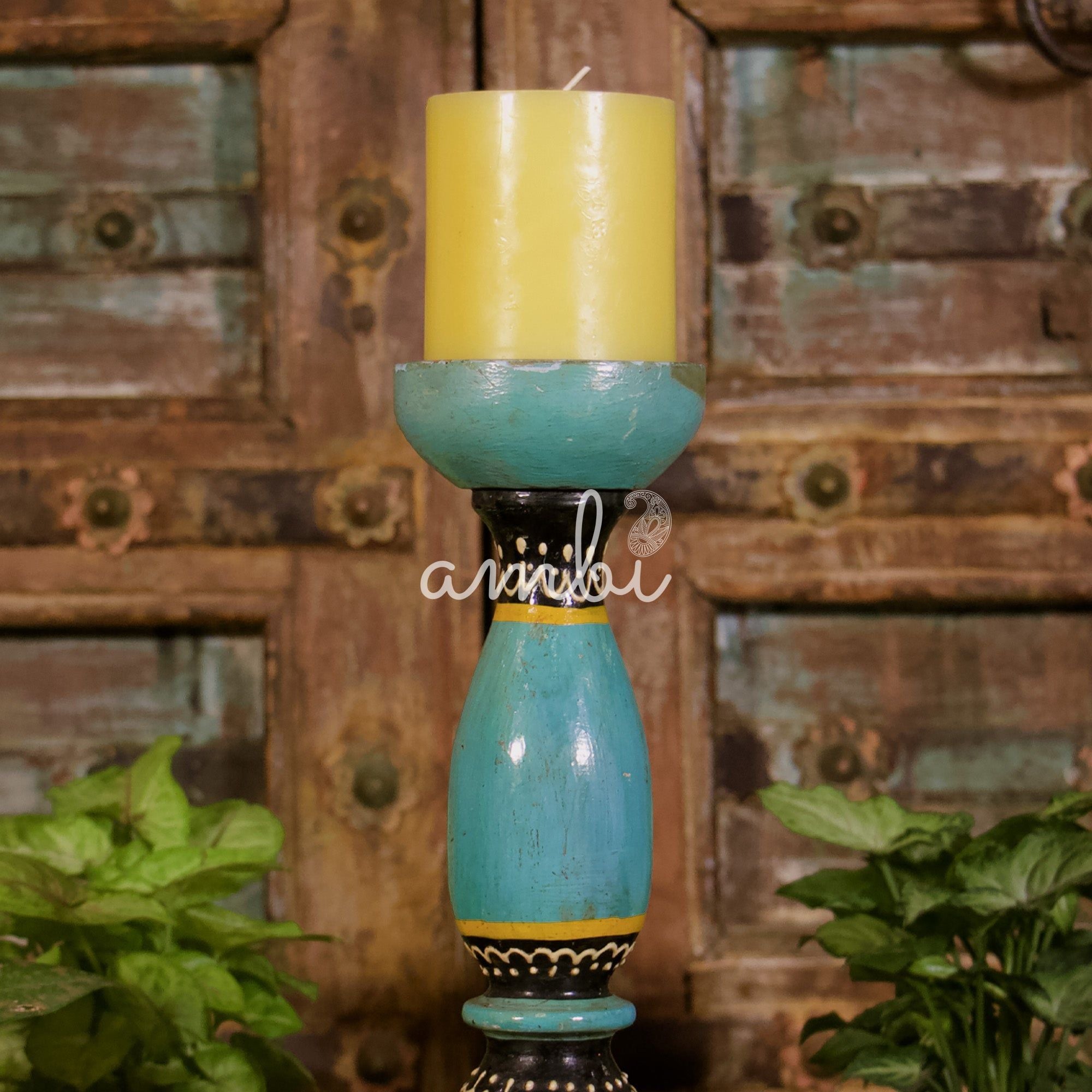 Wooden Candle Rustic Look Stand - Cyan
