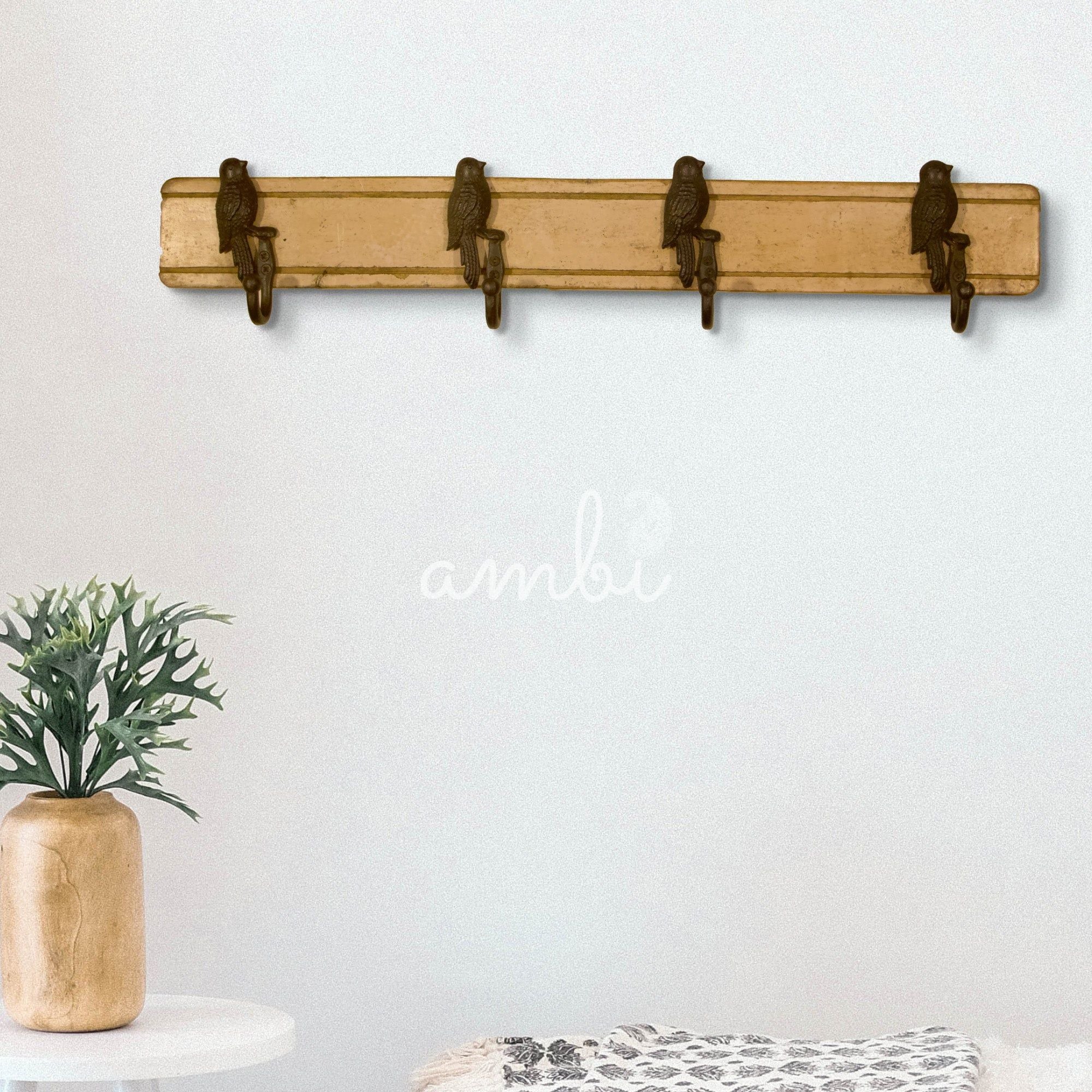 Rustic Wood Base Bird Shaped 4 Hooks - Cream Color