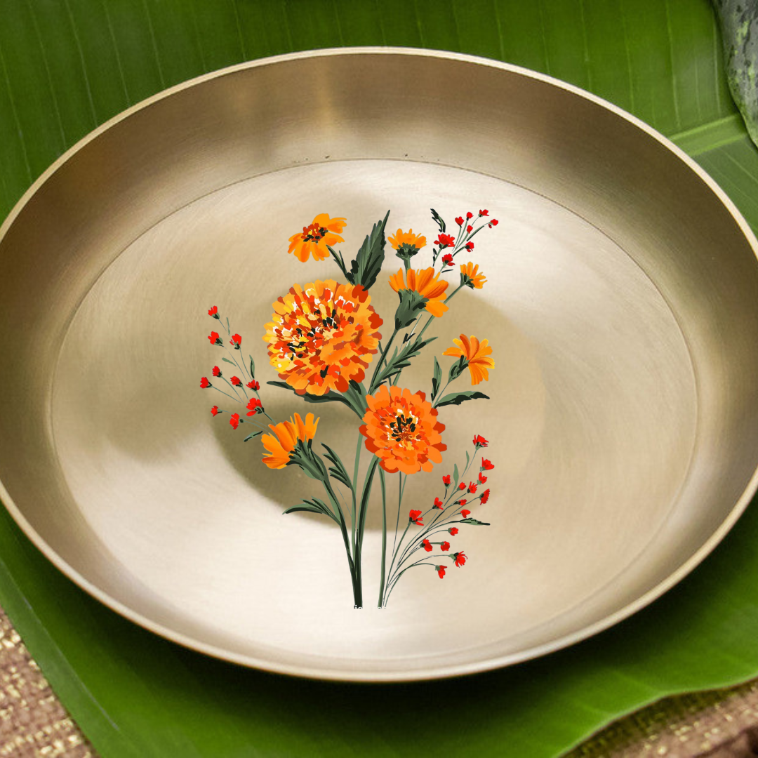 Pure 100% Lead Free Kansa Marigold Hand Painted Finish Plate 8 inch