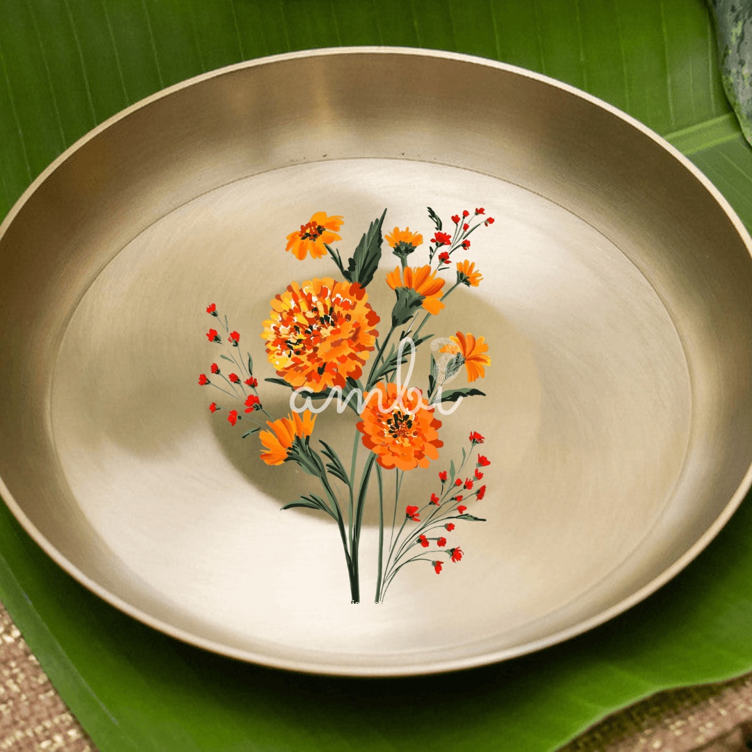 Pure 100% Lead Free Kansa Marigold Hand Painted Finish Plate 8 Inch