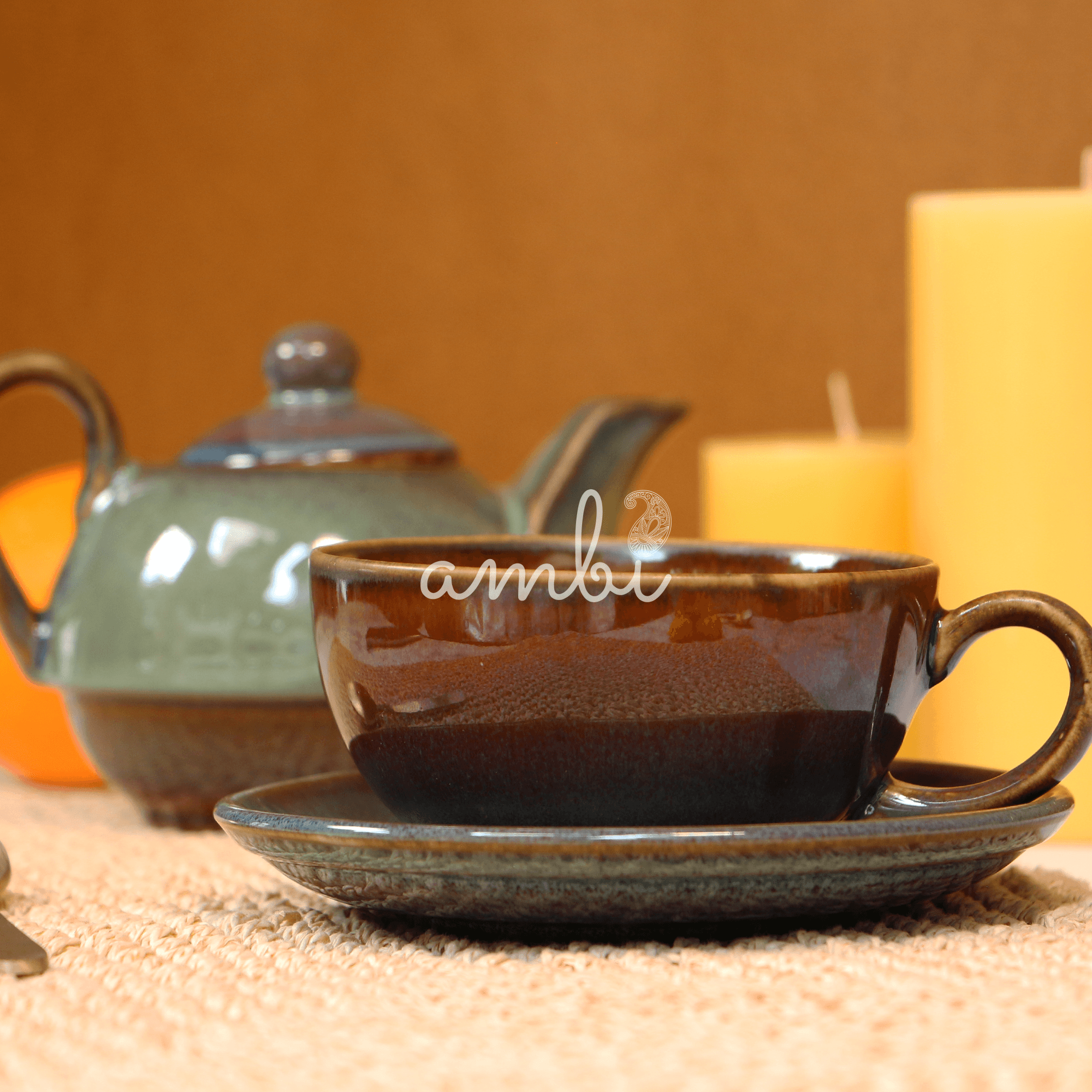 Unique Handmade Sage Green Tea Set (cup, saucer and kettle)