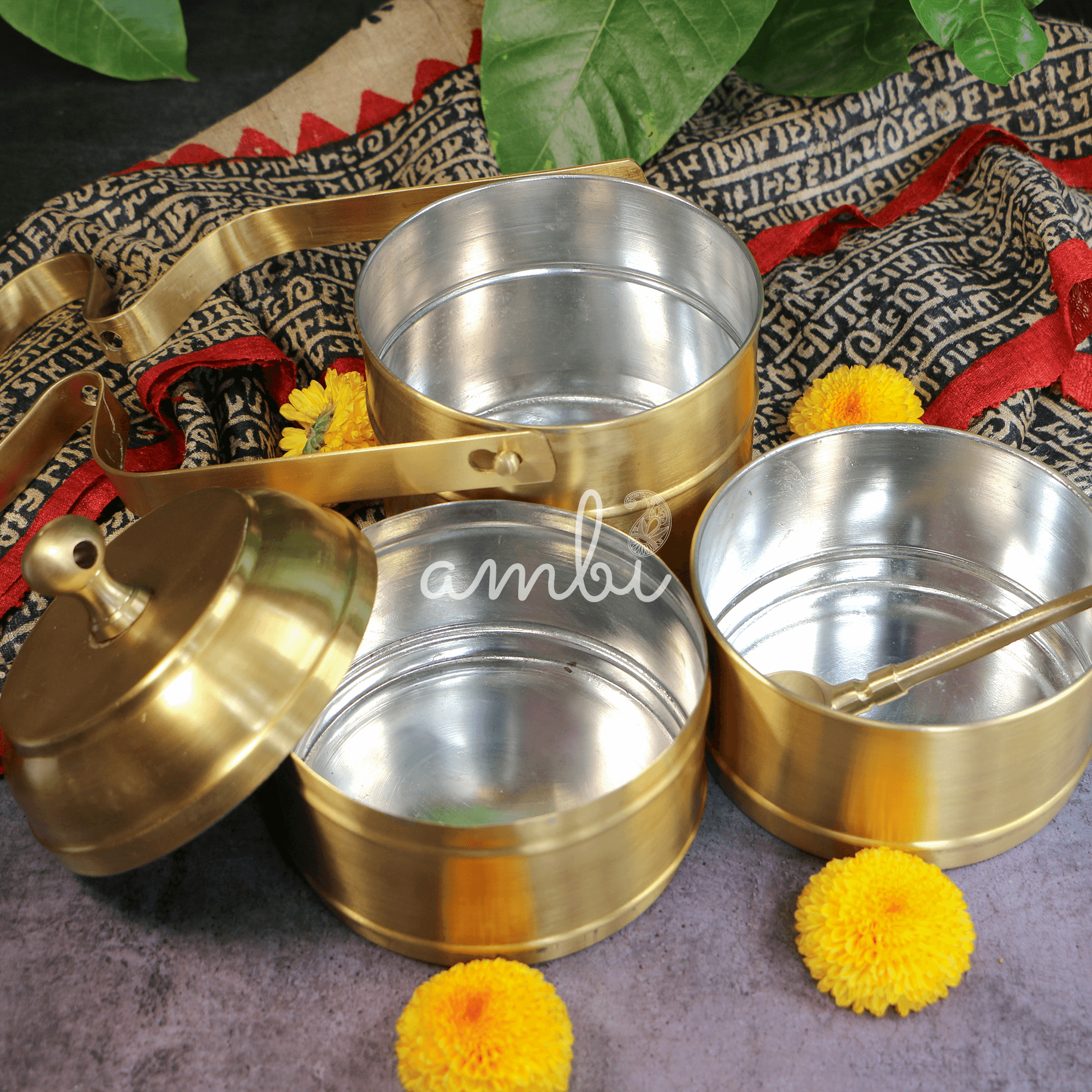 AMBI Super Elegant Pure Brass 3 Tier Tiffin Set in Matte Finish with Spoon