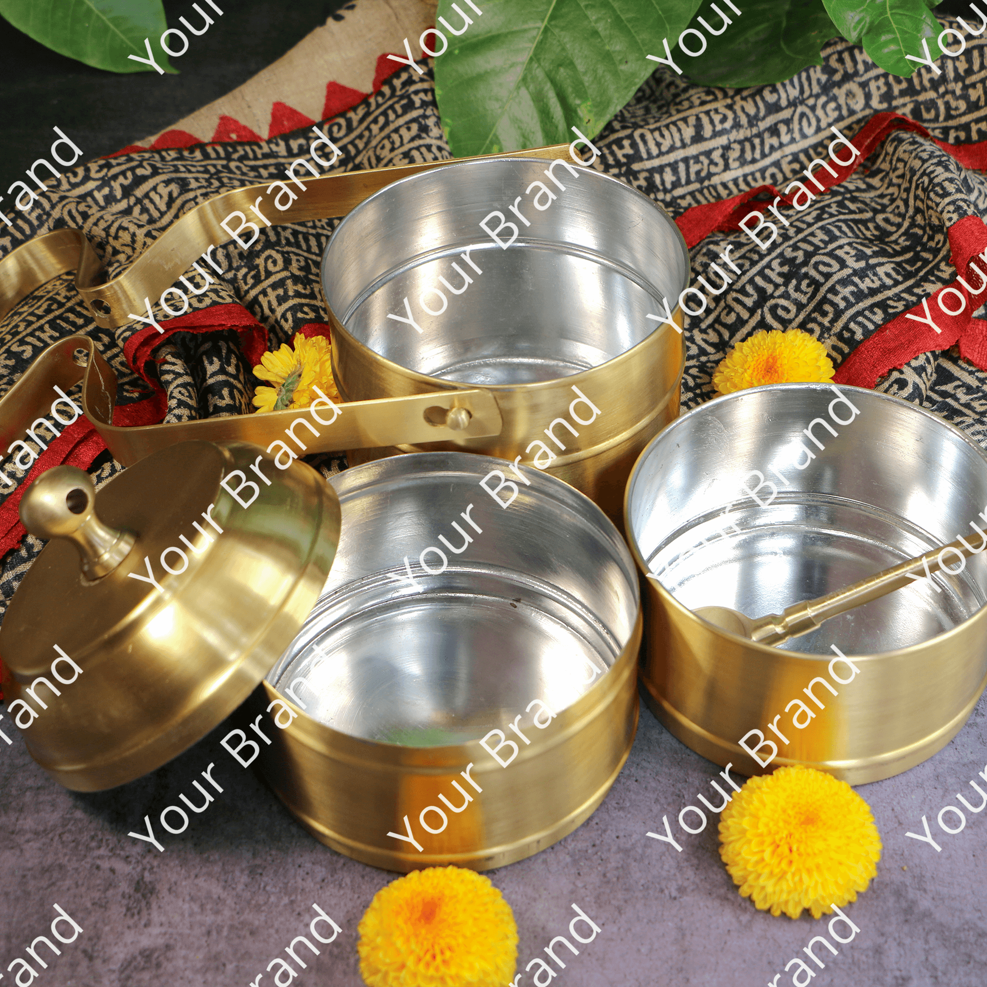 AMBI Super Elegant Pure Brass 3 Tier Tiffin Set in Matte Finish with Spoon