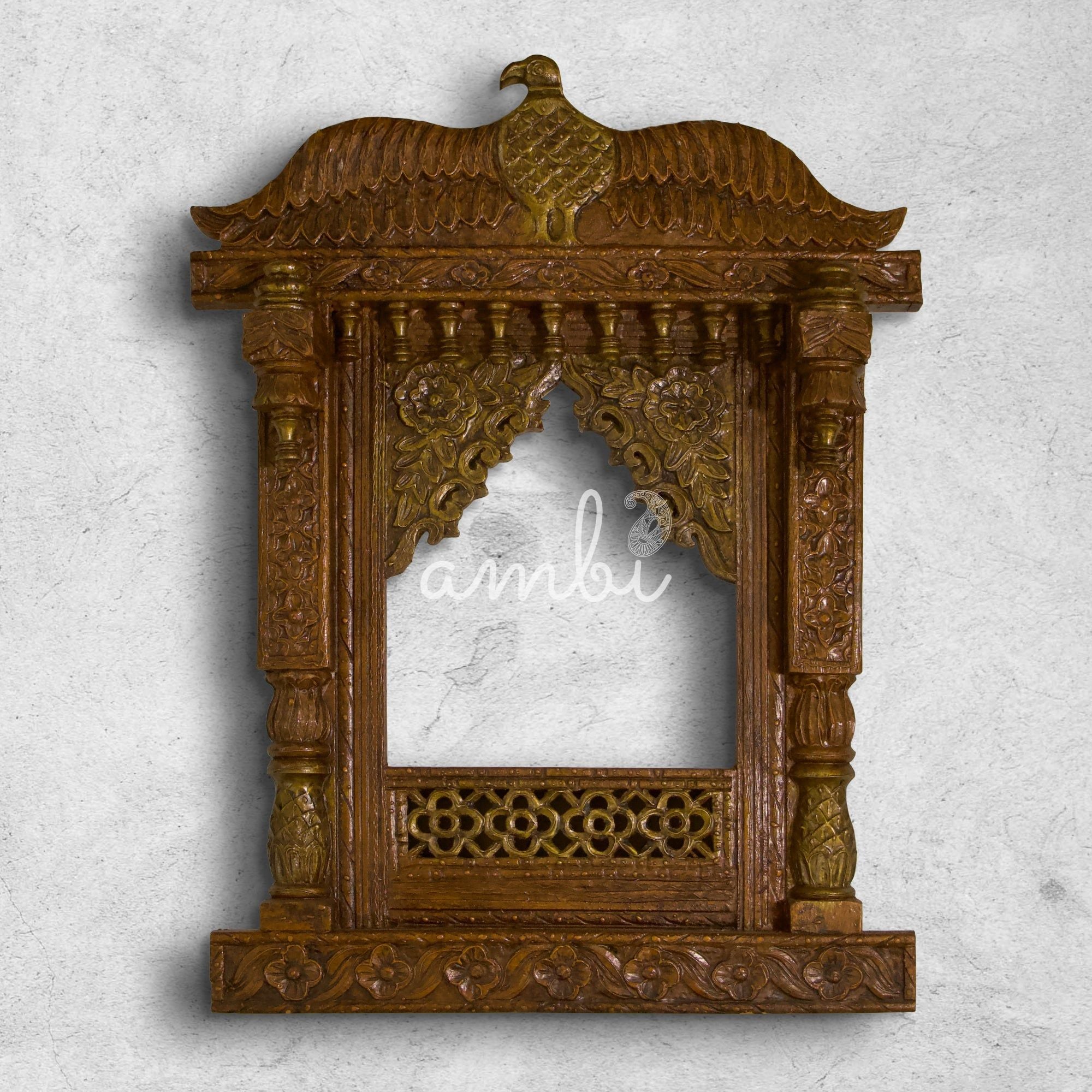 Hand Crafted Wooden Jharoka Wall Decor with a Falcon Top