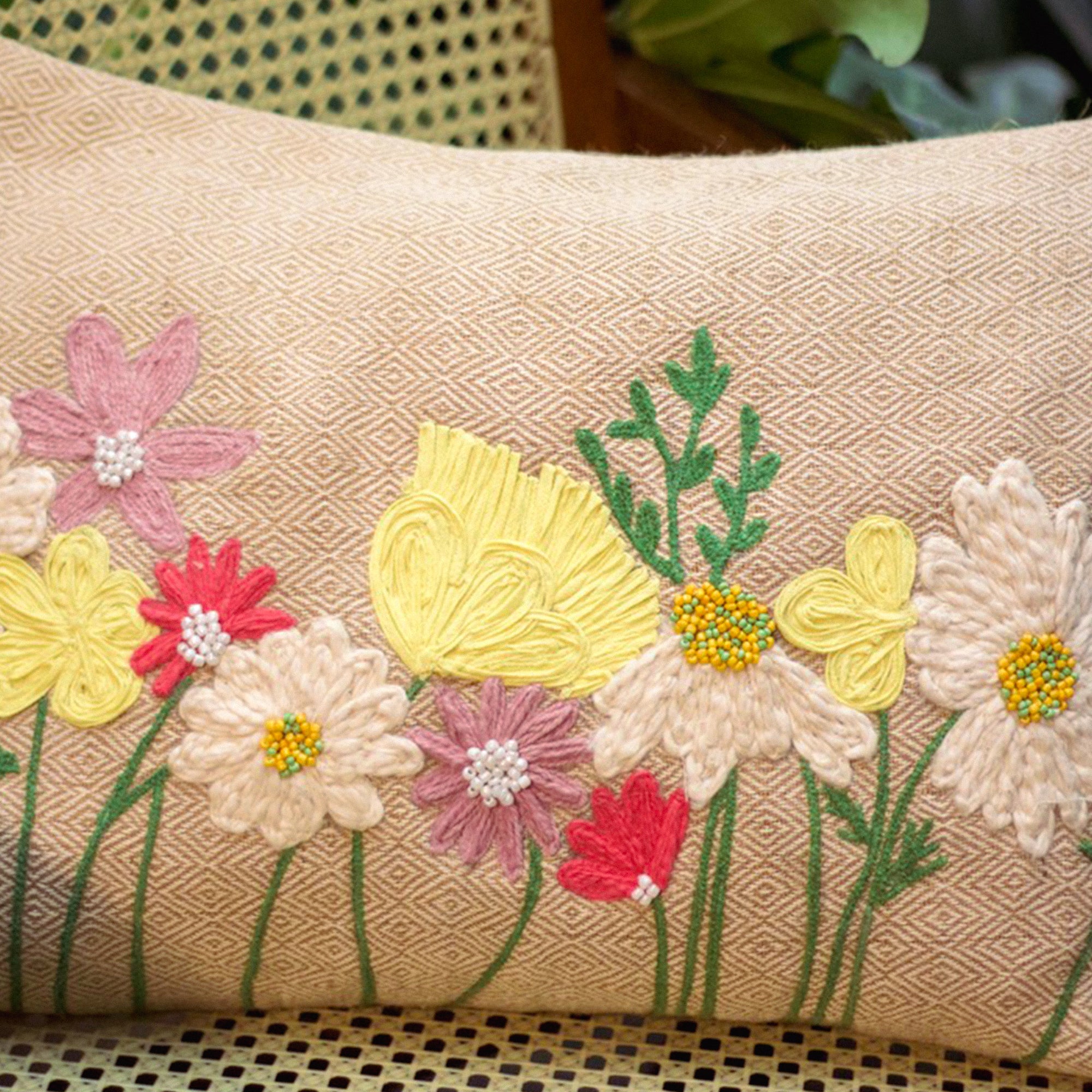2026 Collection - Hand-Embroidered Flower Cushion Covers - Set of 2 - 14X20 inches