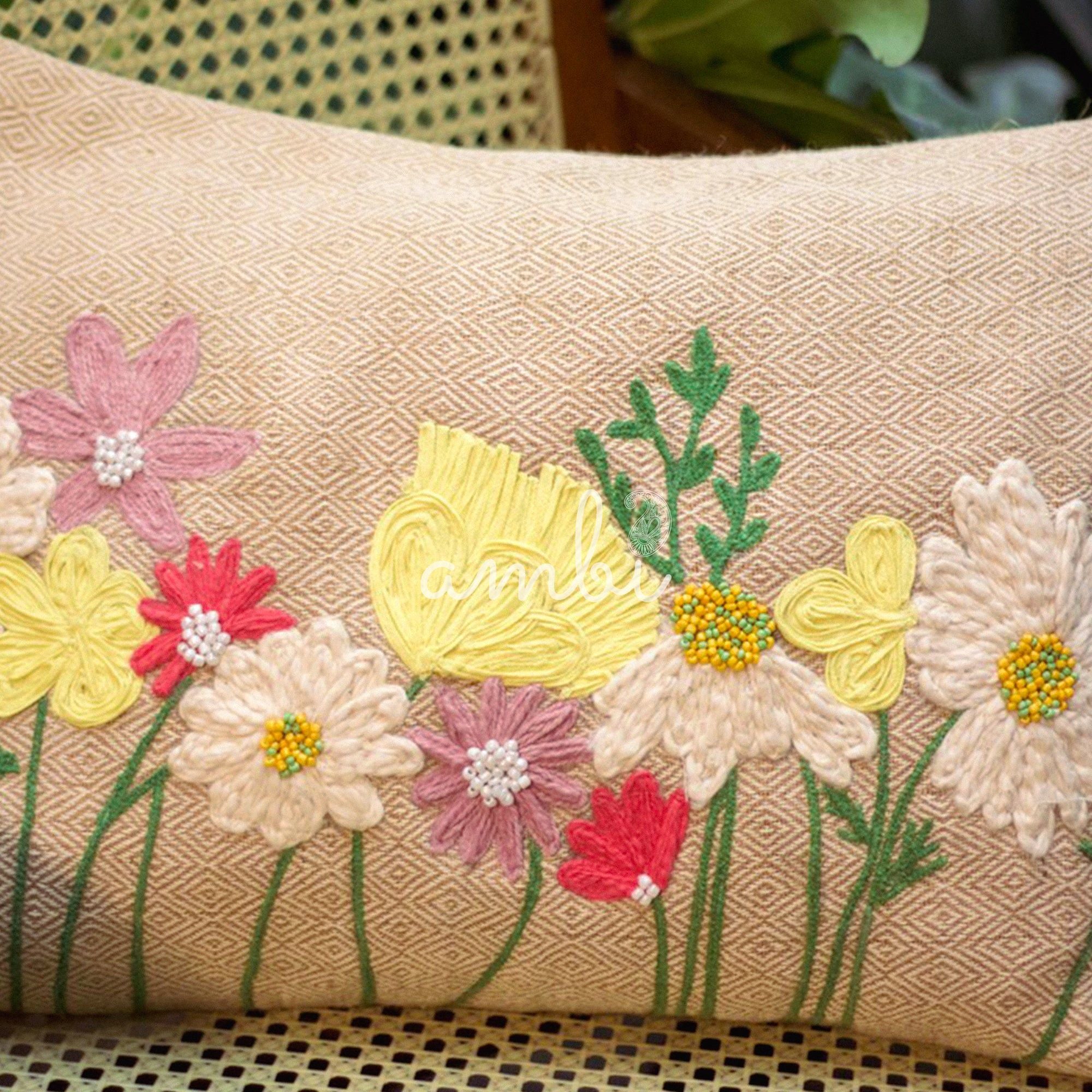 2026 Collection - Hand-Embroidered Flower Cushion Covers - Set of 2 - 14X20 inches