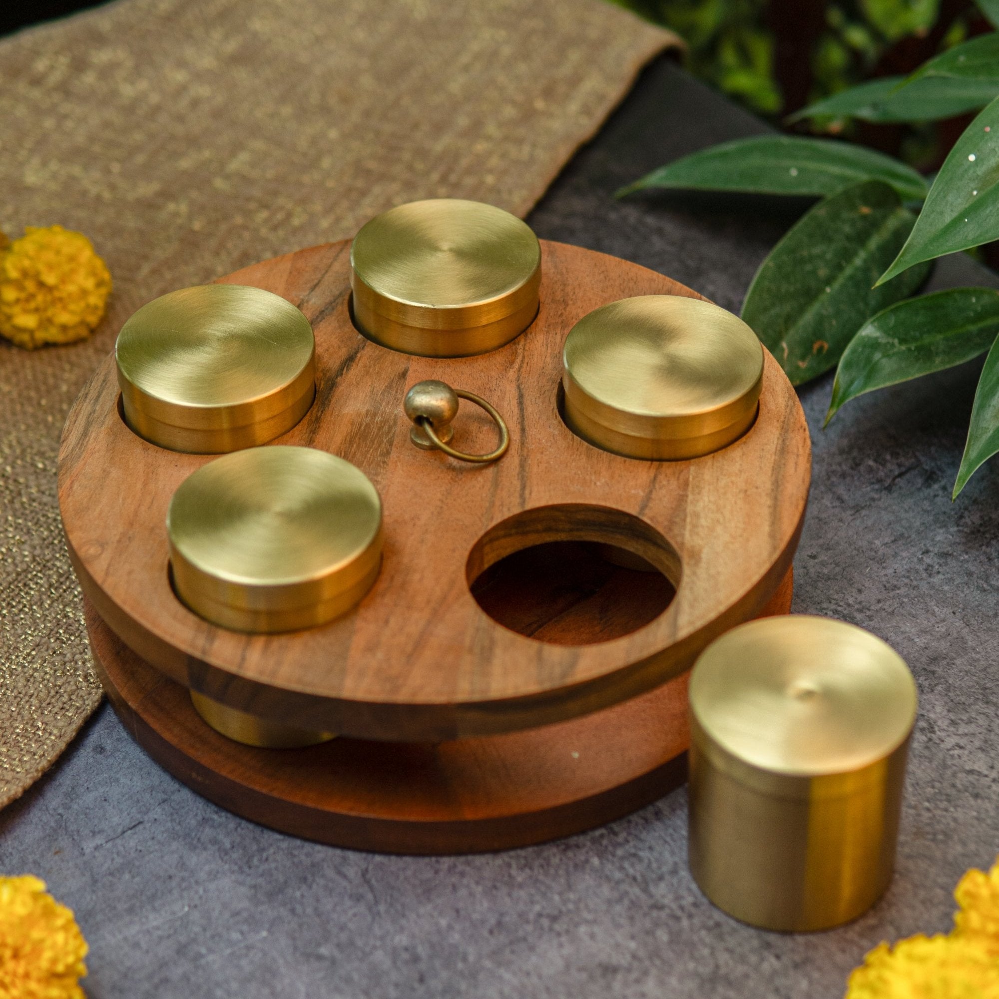 Classic Charm Pure Brass Spice Box Masala Daani with 5 Spice Containers