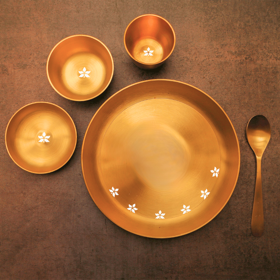 Pure 100% Lead Free Kansa Exquisite Thali Set with Floral Laser Cut Design- 5 pcs set (Copy) (Copy)