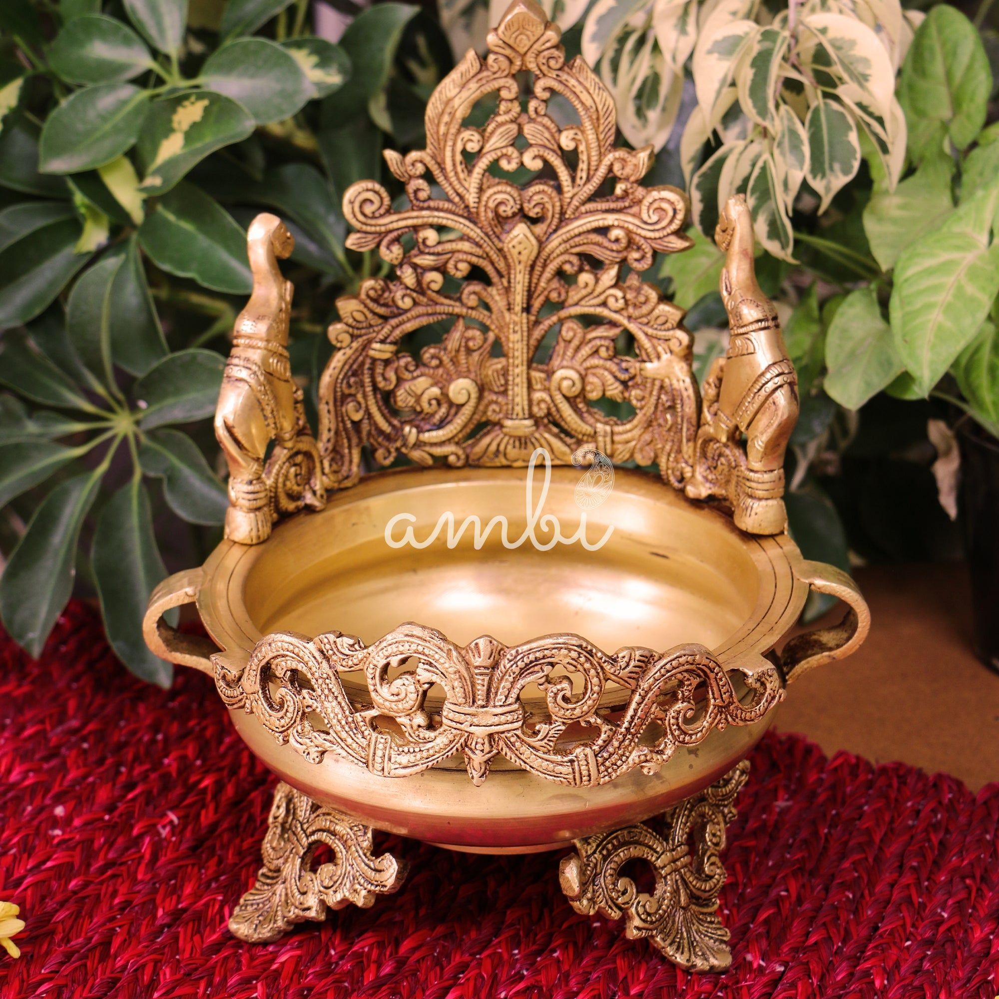 Pure brass Ethnic Traditional Elephant and Flower Designed Urli - Antique Style