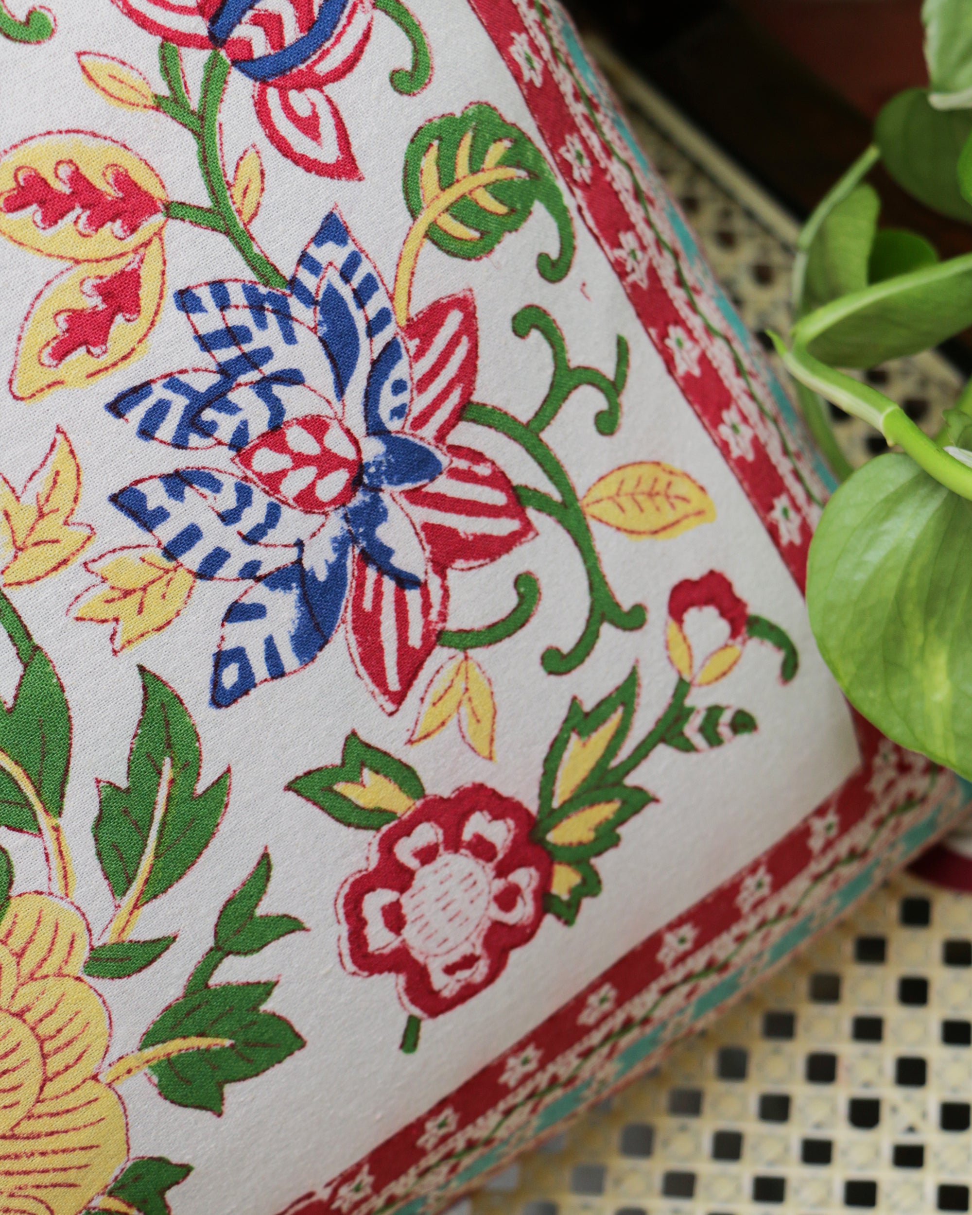 Diwali 2025 Hand Block Printed Double Side Cushion Cover Cyan & Pink (Set of 5) - 16 X 16 inches