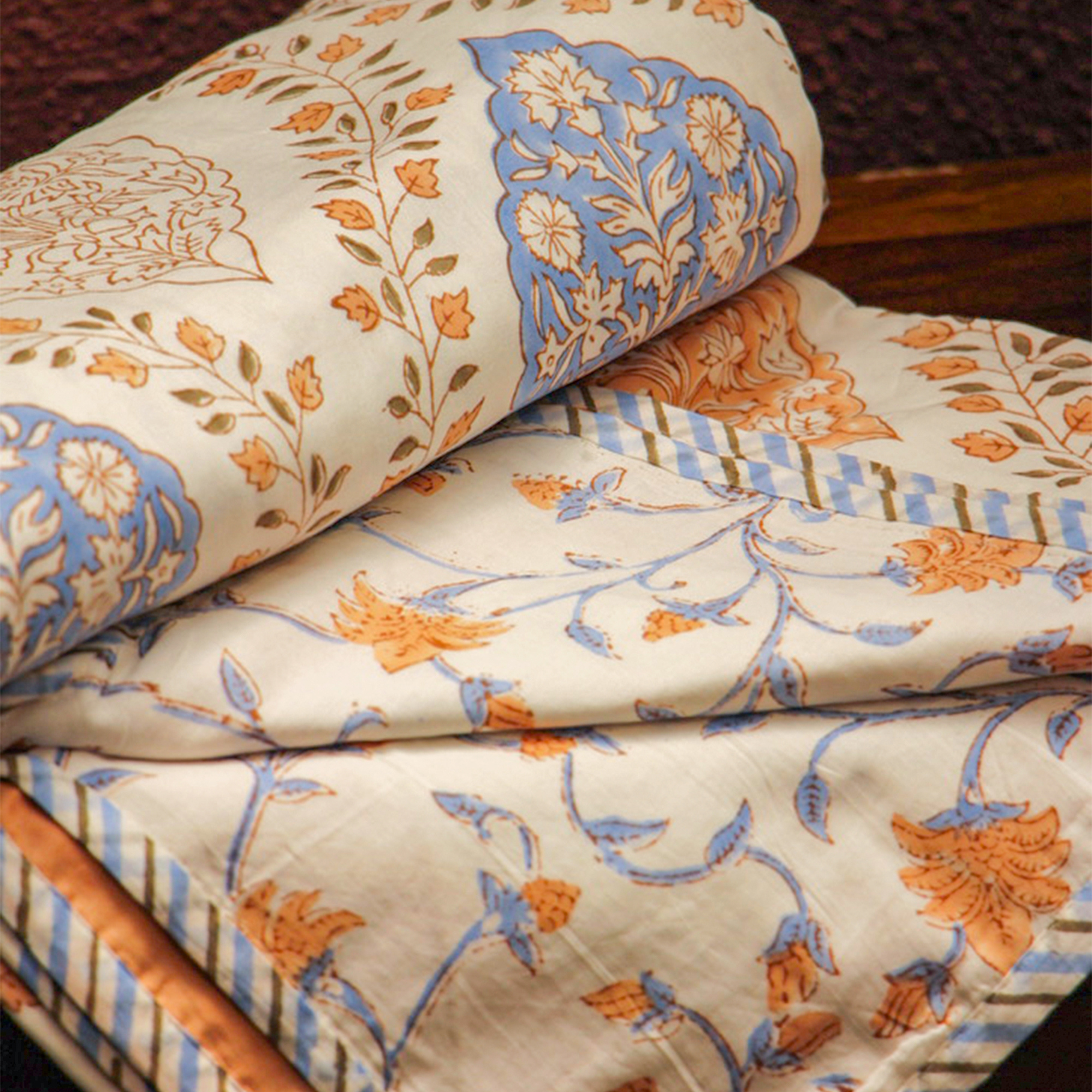 2026 Collection - Blue Brown Jaipuri Floral Mulmul Triple Layer Reversible Dohar (Single Bed, Pair of 2) - 60X90 Inches