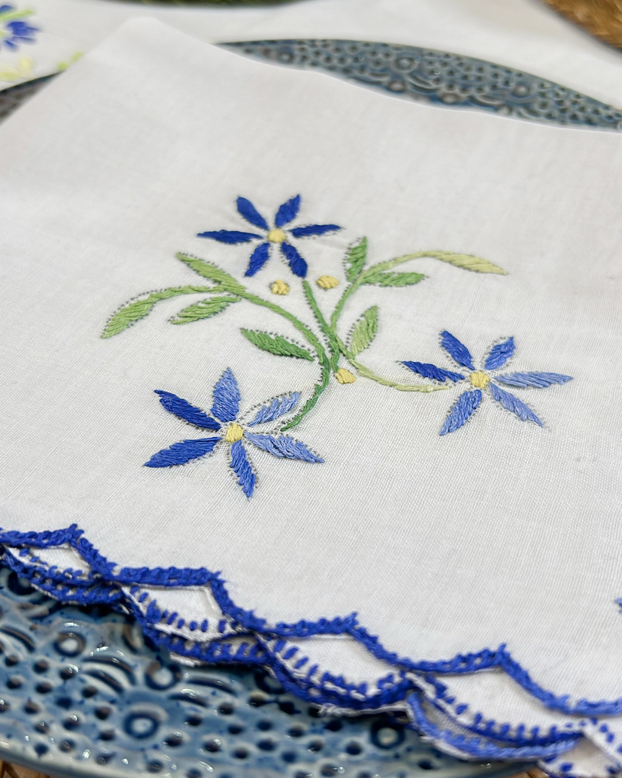 2026 Collection - Hand Embroidered Linen Napkins - Set of 6 - Green
