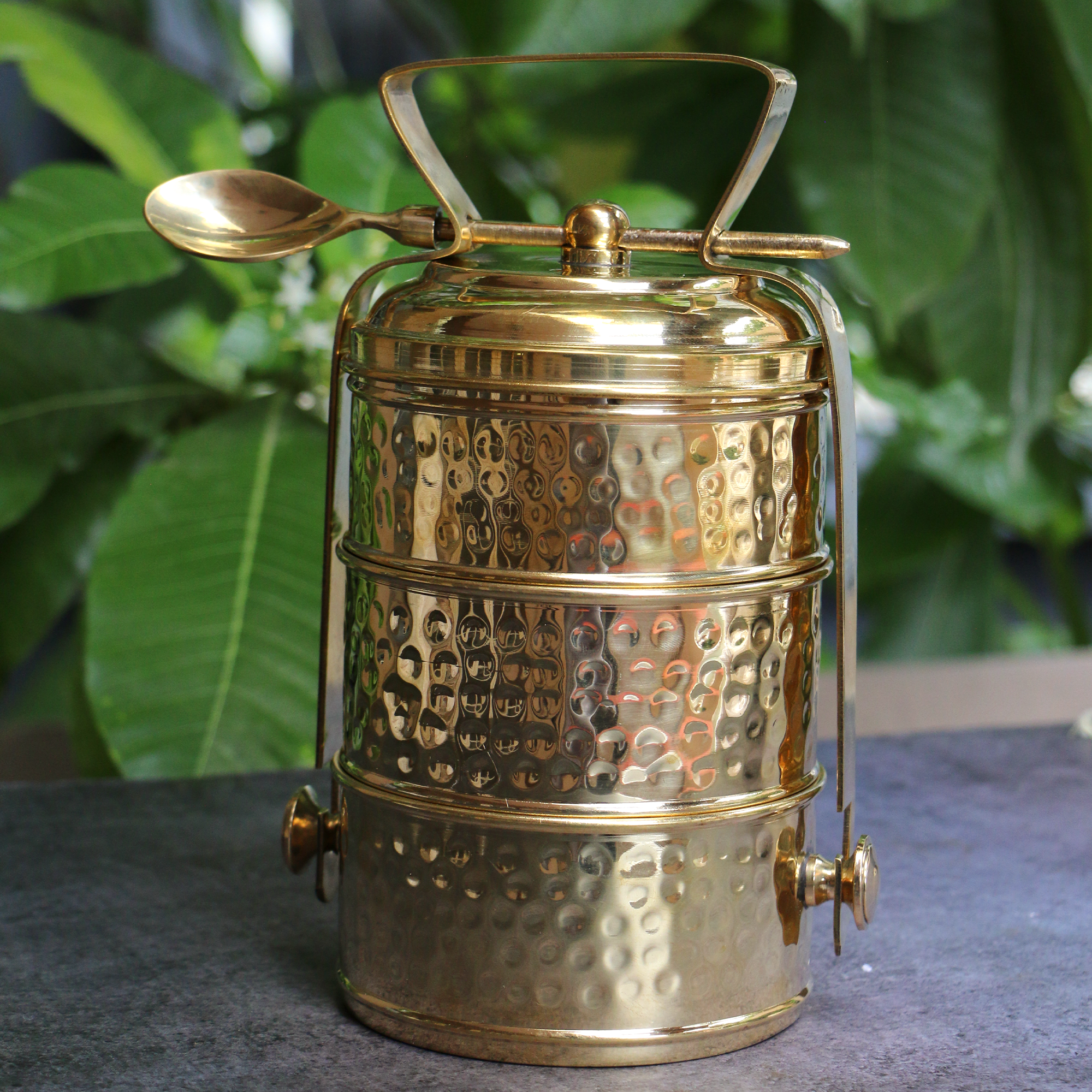 AMBI Pure Brass Hammered Three Tier Tiffin Box With Spoon Large