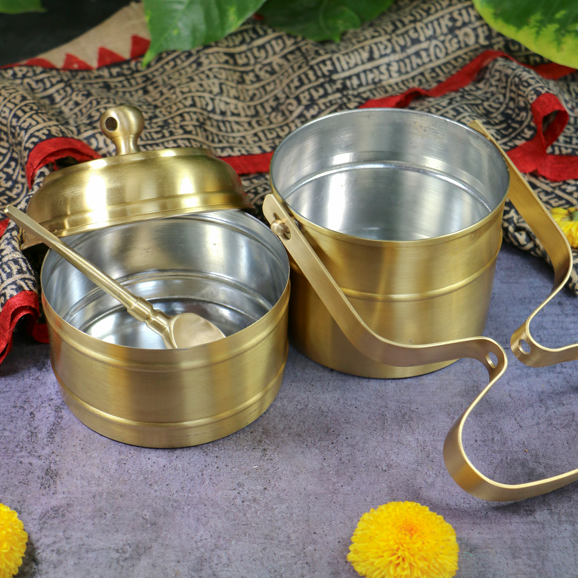 AMBI Super Elegant Pure Brass 2 Tier Tiffin Set in Matte Finish with Spoon