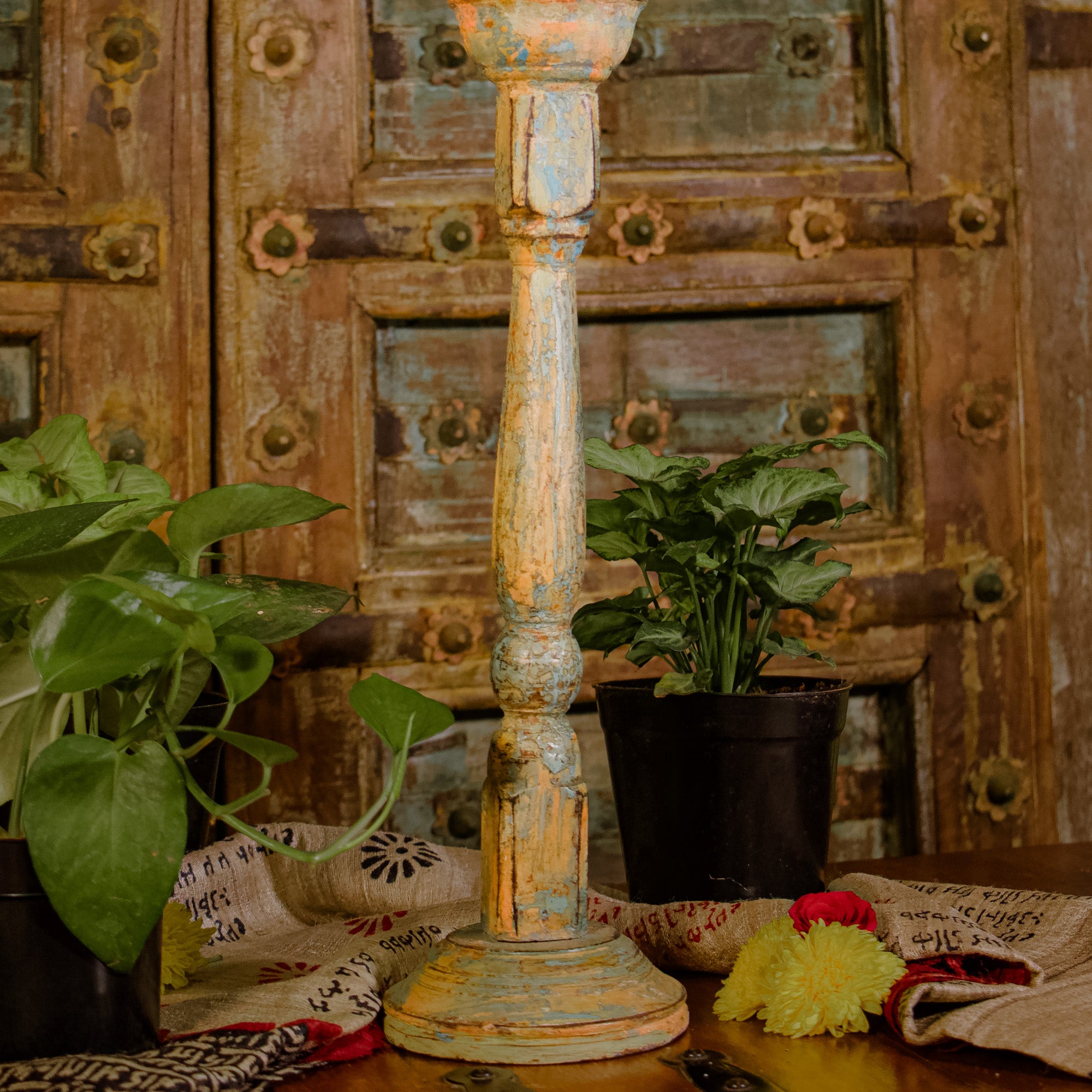 Wooden Candle Distressed Look Stand - Multicolour
