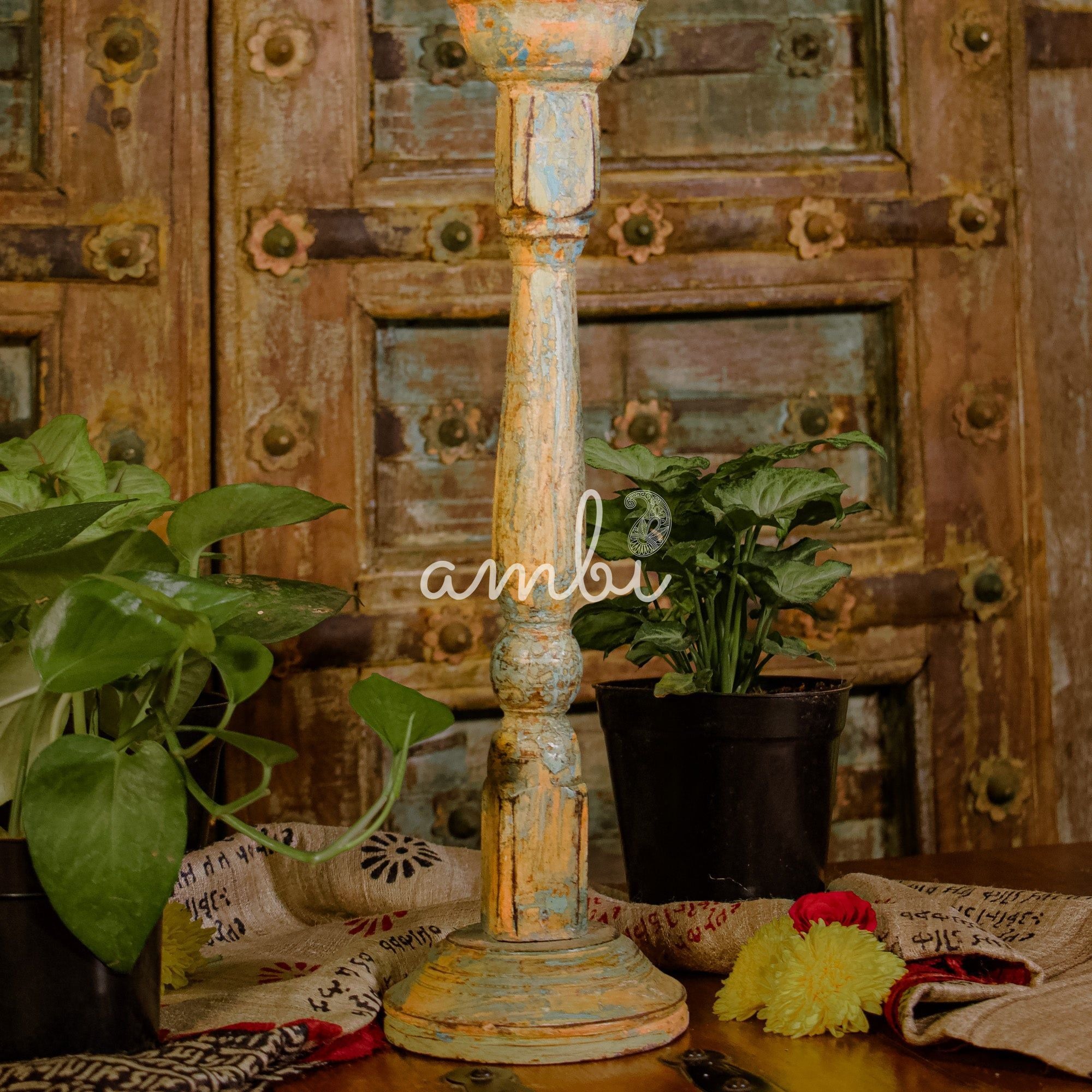 Wooden Candle Distressed Look Stand - Multicolour