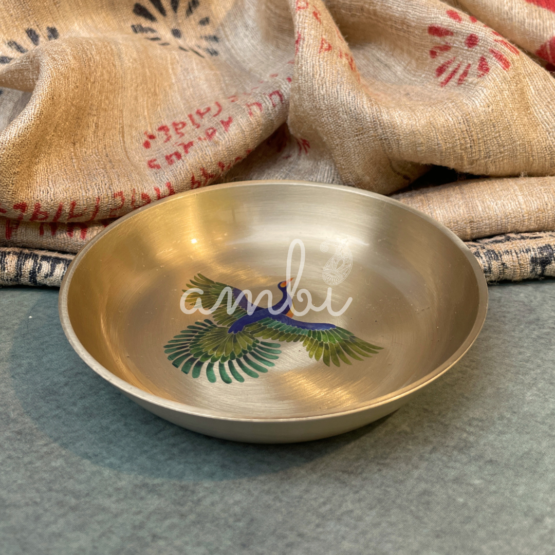 Ambi Pure Kansa Pattachitra Bird Hand Painted Plate – 4 Inch | Dessert & Puja Plate