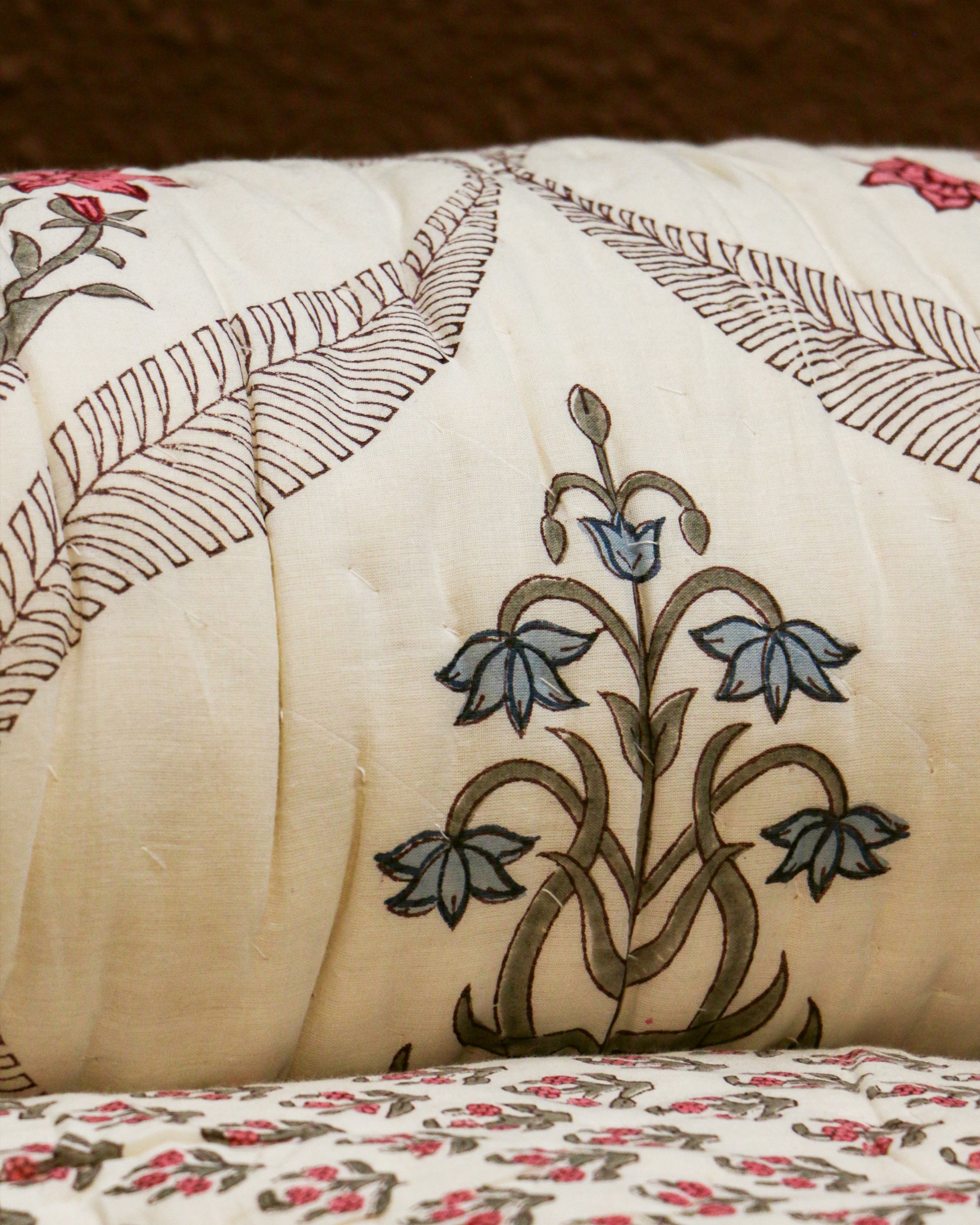 Diwali 2025 Collection - Red Blue Floral Hand Block Printed Jaipuri Rajai / Quilt- Double - 90X108 Inches