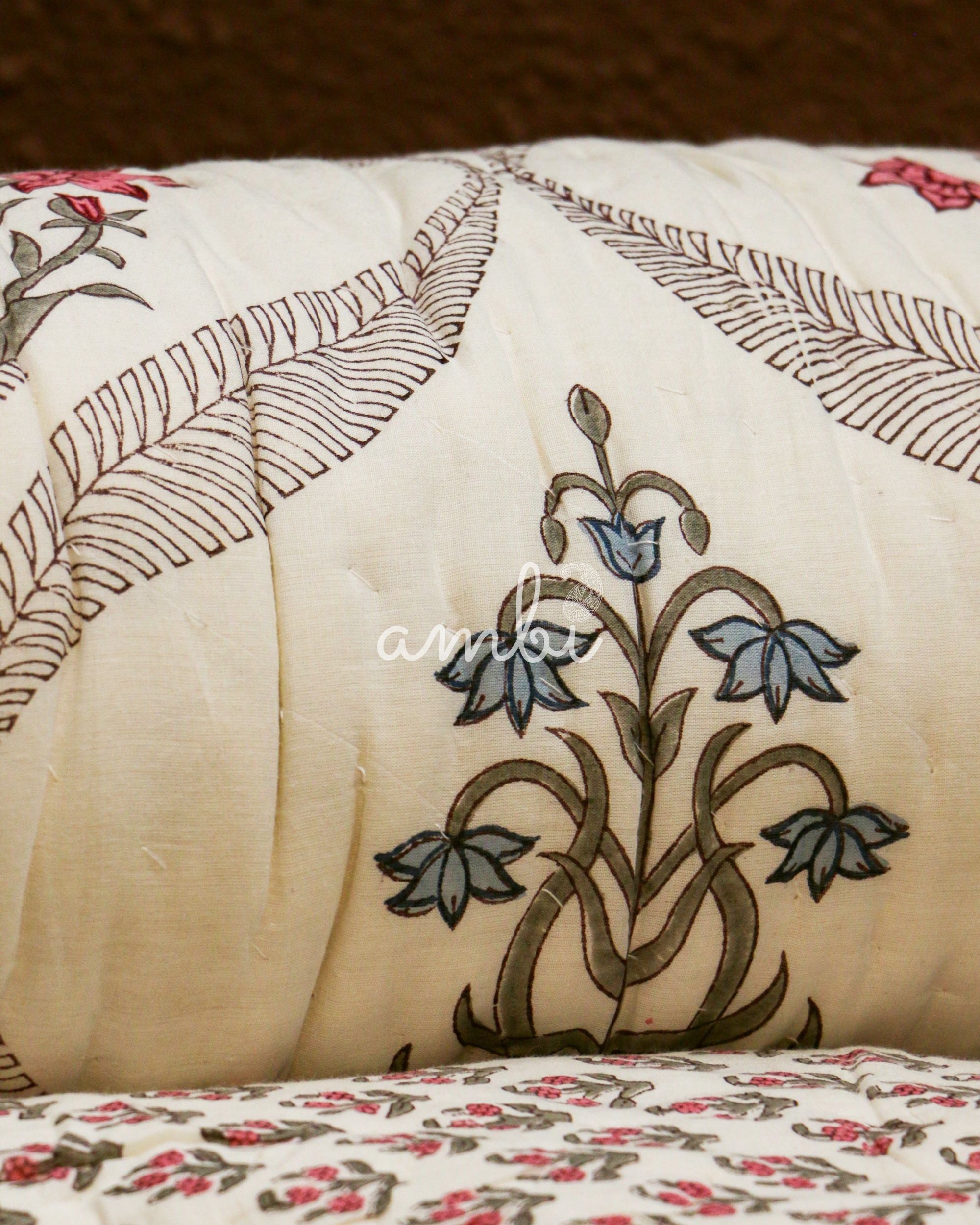 2026 Collection - Red Blue Floral Hand Block Printed Jaipuri Rajai / Quilt- Double - 90X108 Inches
