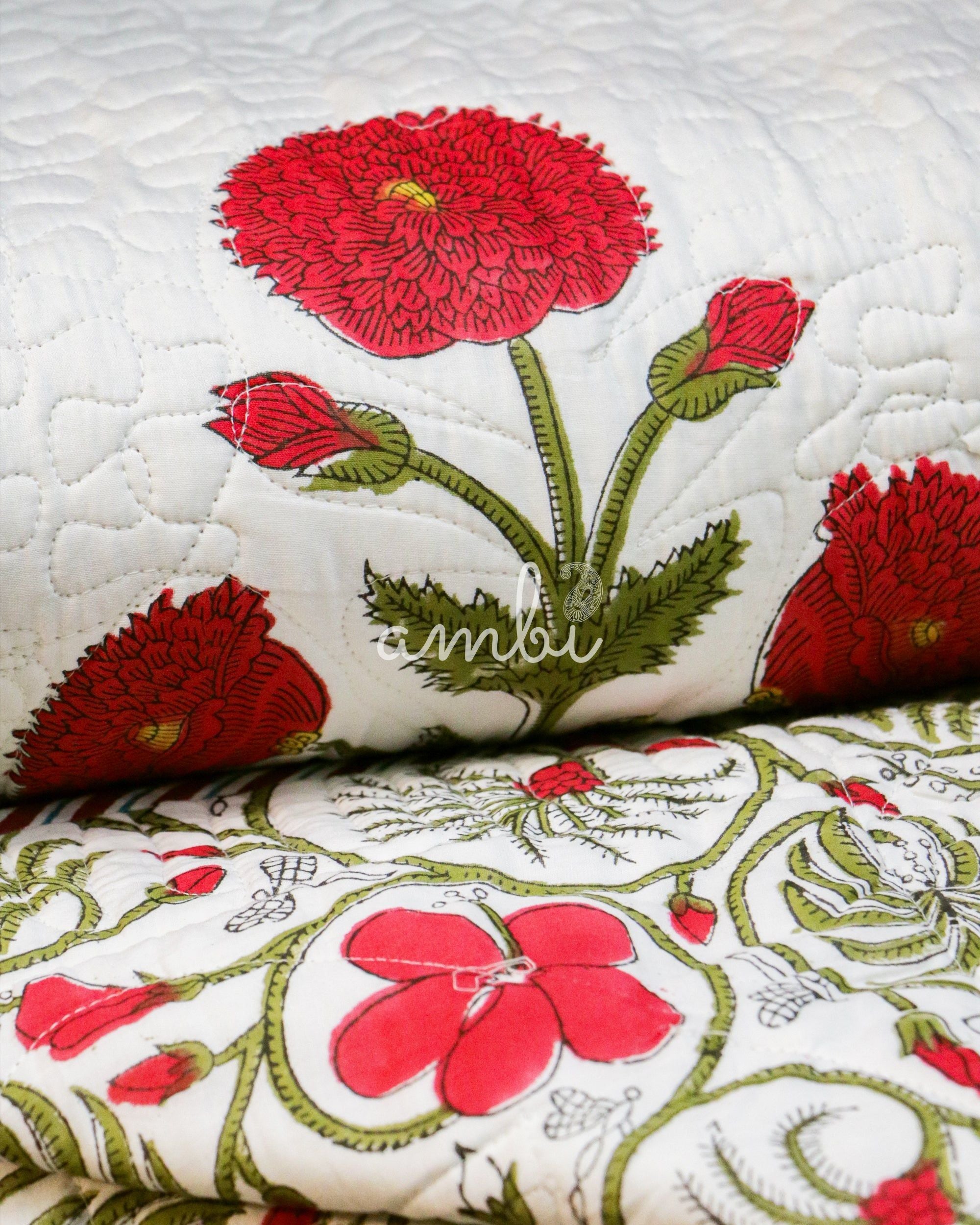 2026 Collection - Bed Cover - Red Floral Hand Block Printed Jaipuri Quilted Bed Cover with 2 Pillow Covers- Double - 90X108 Inches