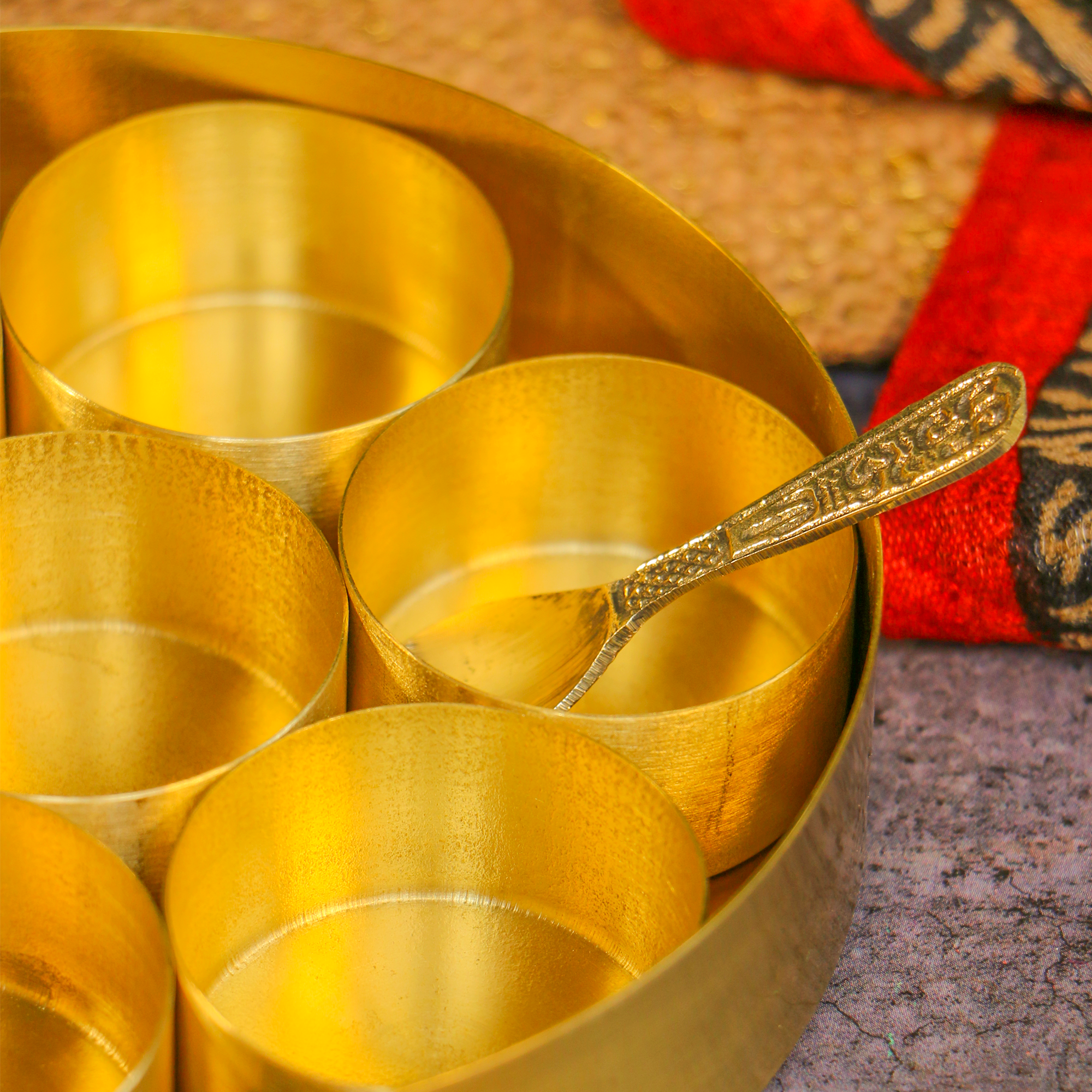 Mini Small 100% Pure Brass Spice / Supari / Churan Box Masala Daani with 7 Container - 6 inches Diameter