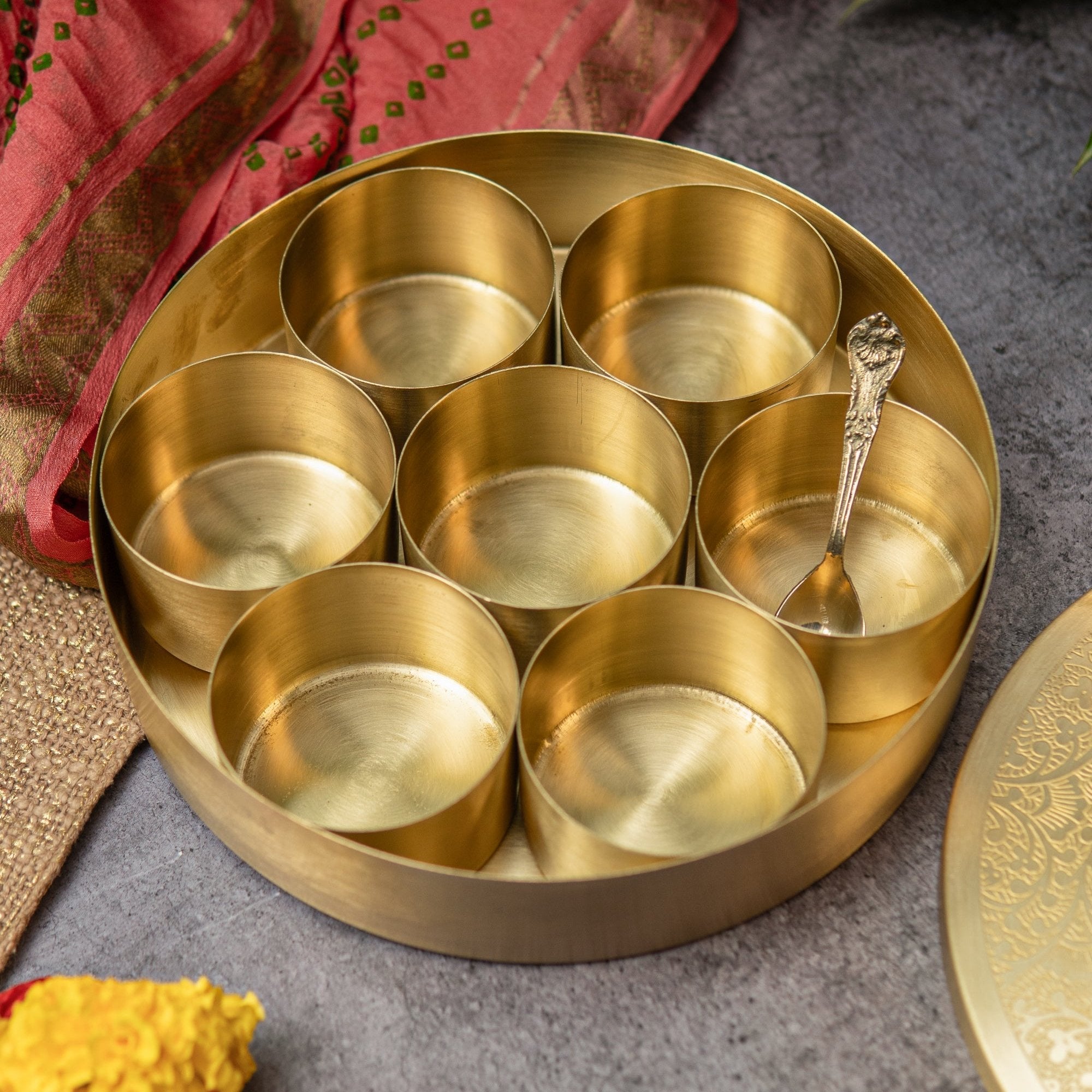 Classy Pure Brass Spice Box Masala Daani with 7 Spice Containers - Inlay Work