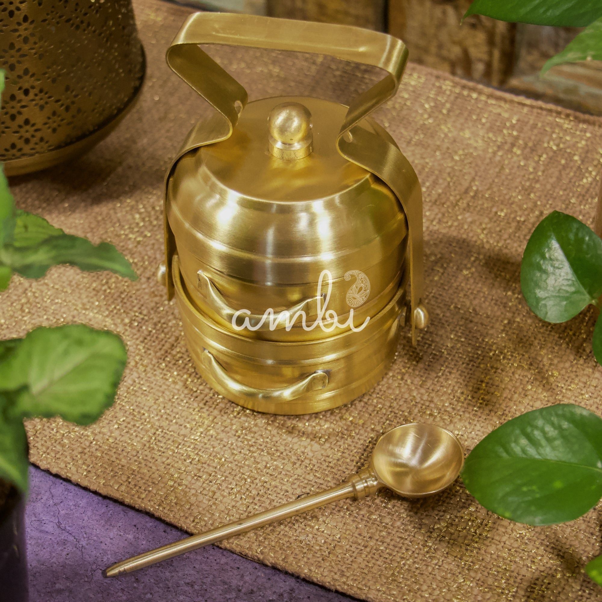 Super Elegant Pure Brass 2 Tier Tiffin Set in Matte Finish with Spoon