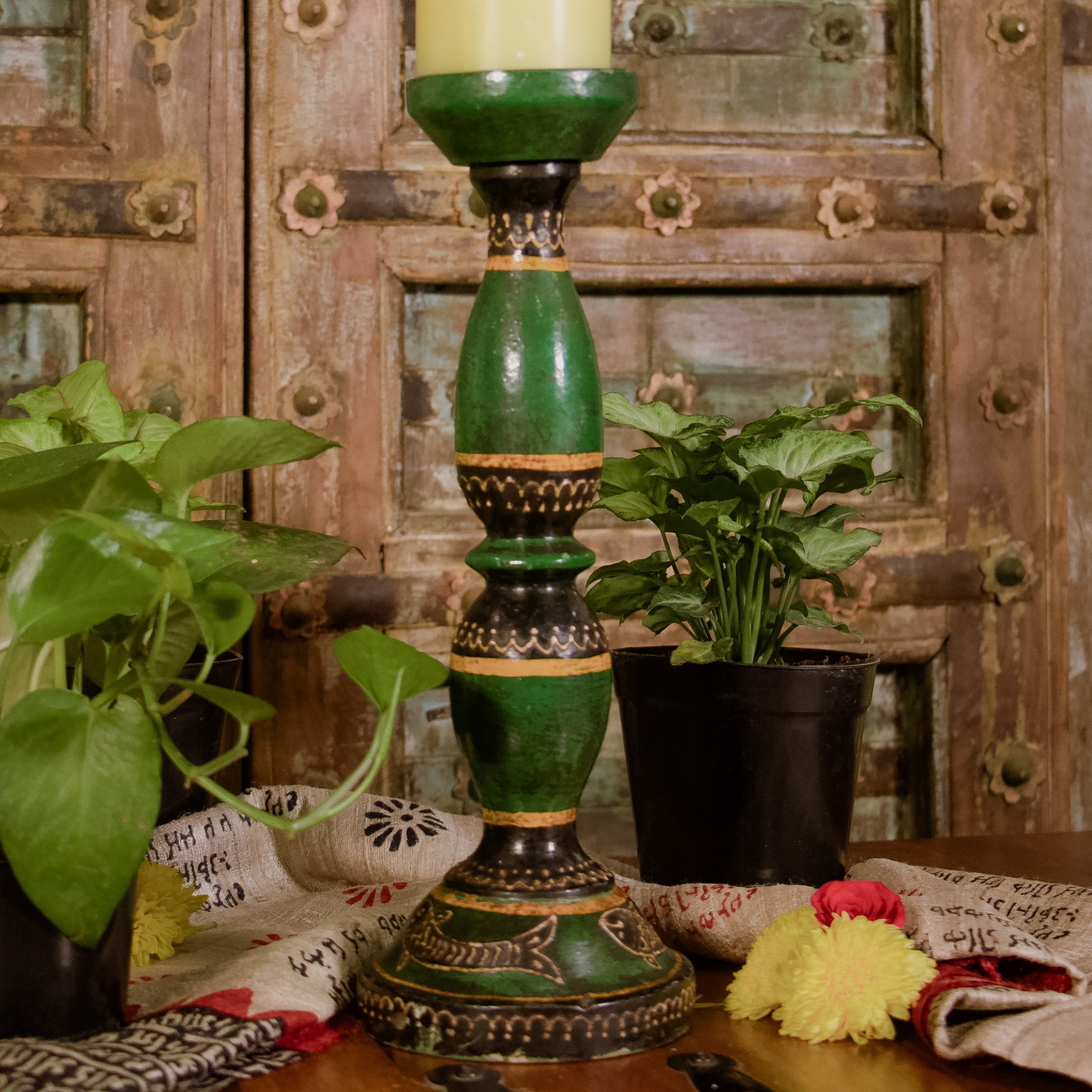 Wooden Candle Rustic Look Stand - Dark Green