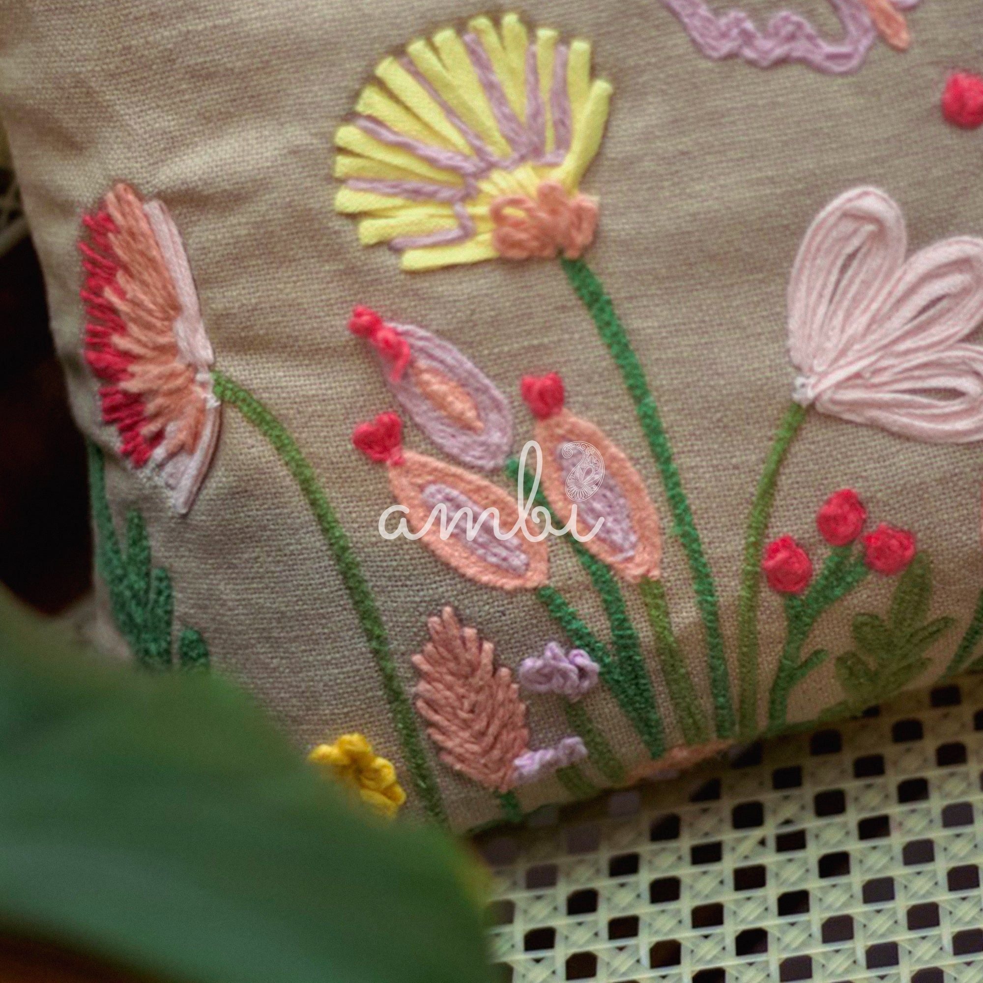 2026 Collection - Hand-Embroidered Flower Cushion Covers - Set of 2 - 14X20 inches