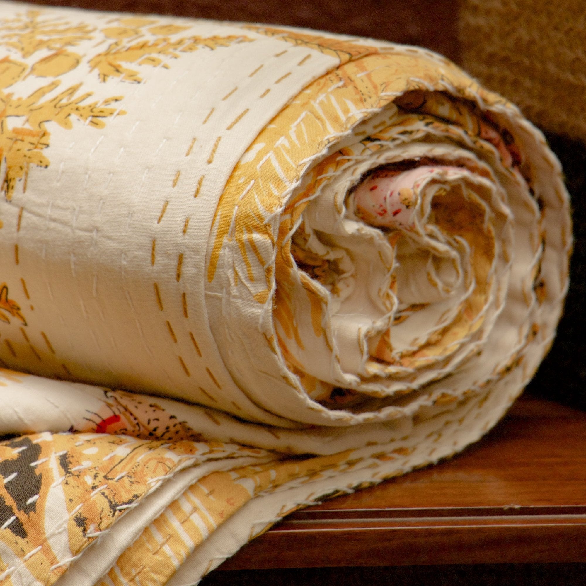 2026 Collection - Jaipuri Kantha Bedcover - Yellow - (Double) - 90X108 Inches