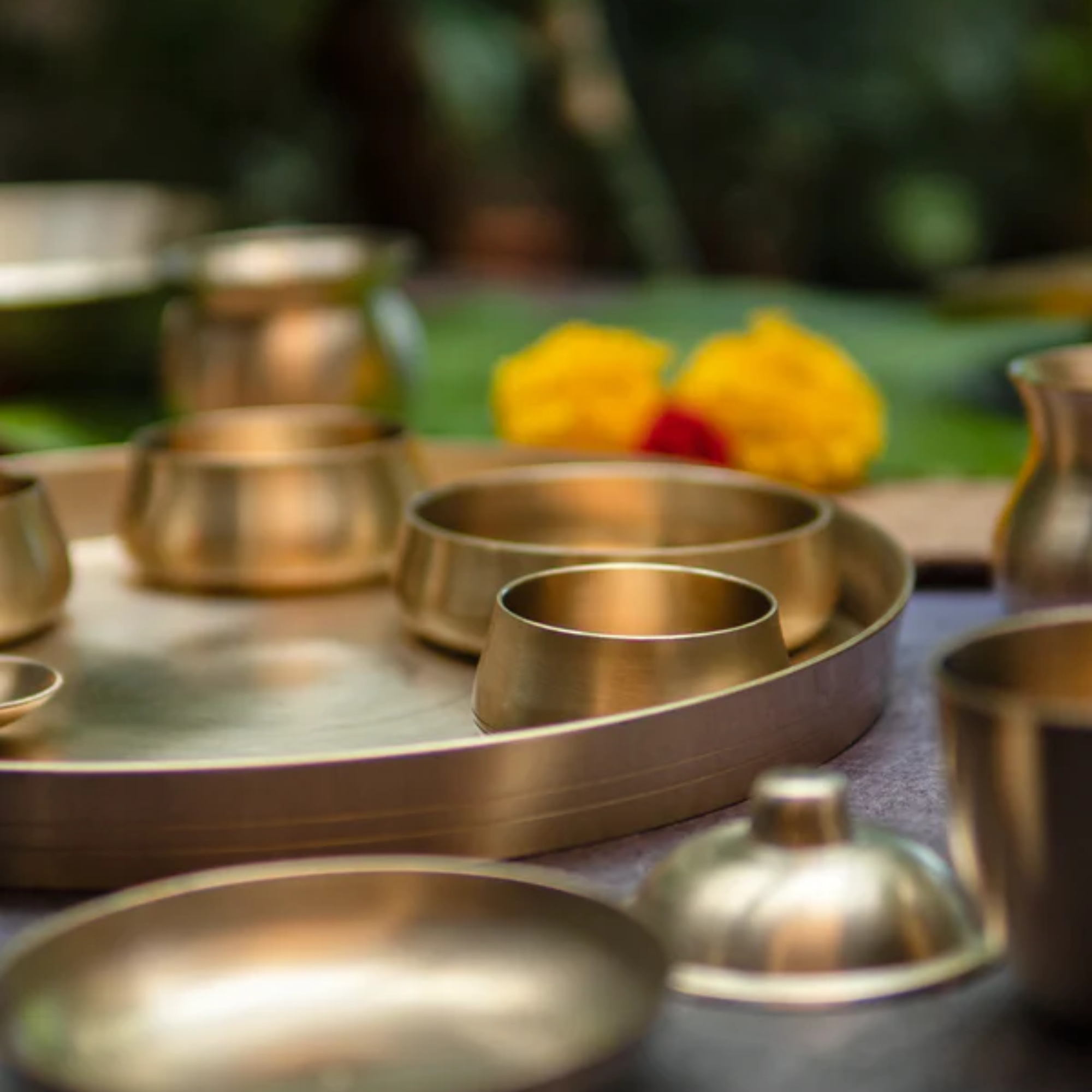 Ambi Pure 100% Lead Free Kansa Curved Thali Set - Set of 6 pieces - Matt Finish Heavy Masterpiece