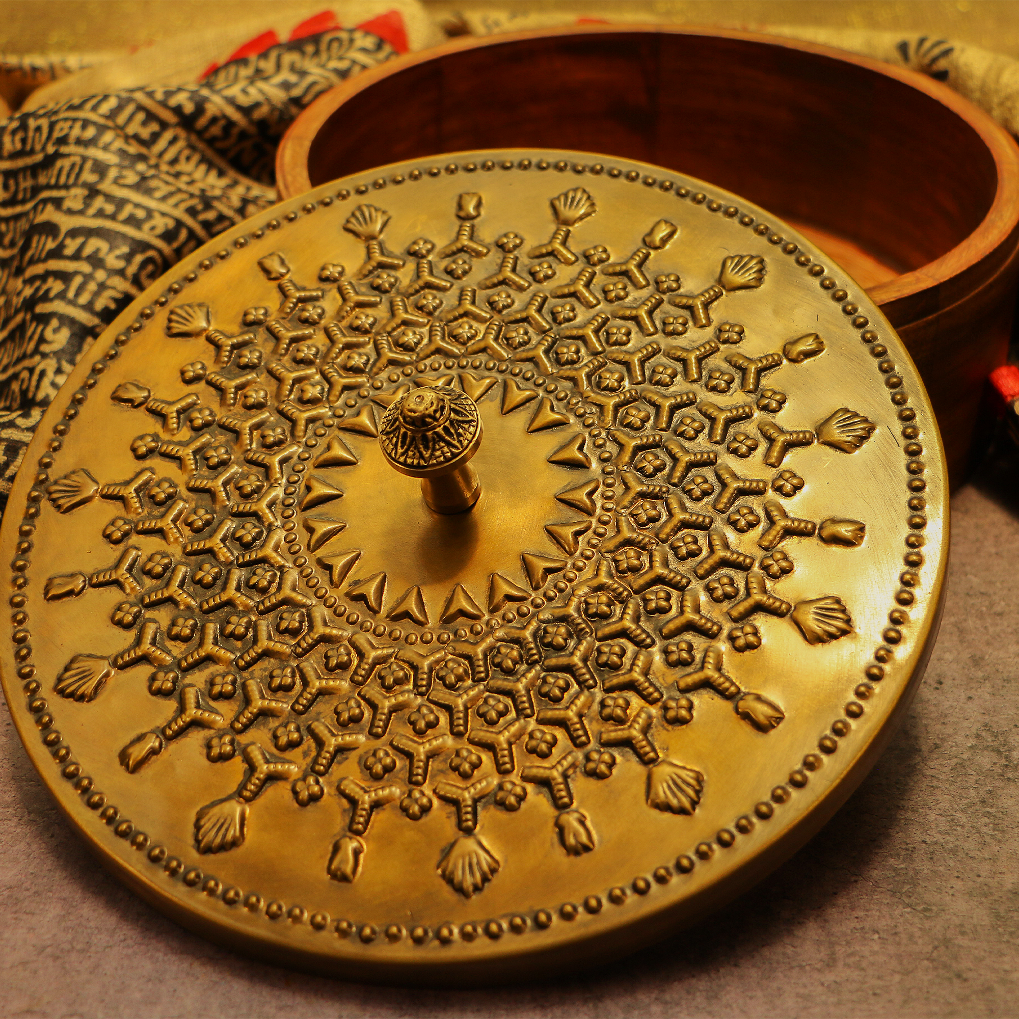 Pure Brass Heavy Inlay Work Chapati / Roti Box - 9 Inches Diameter with Tongs