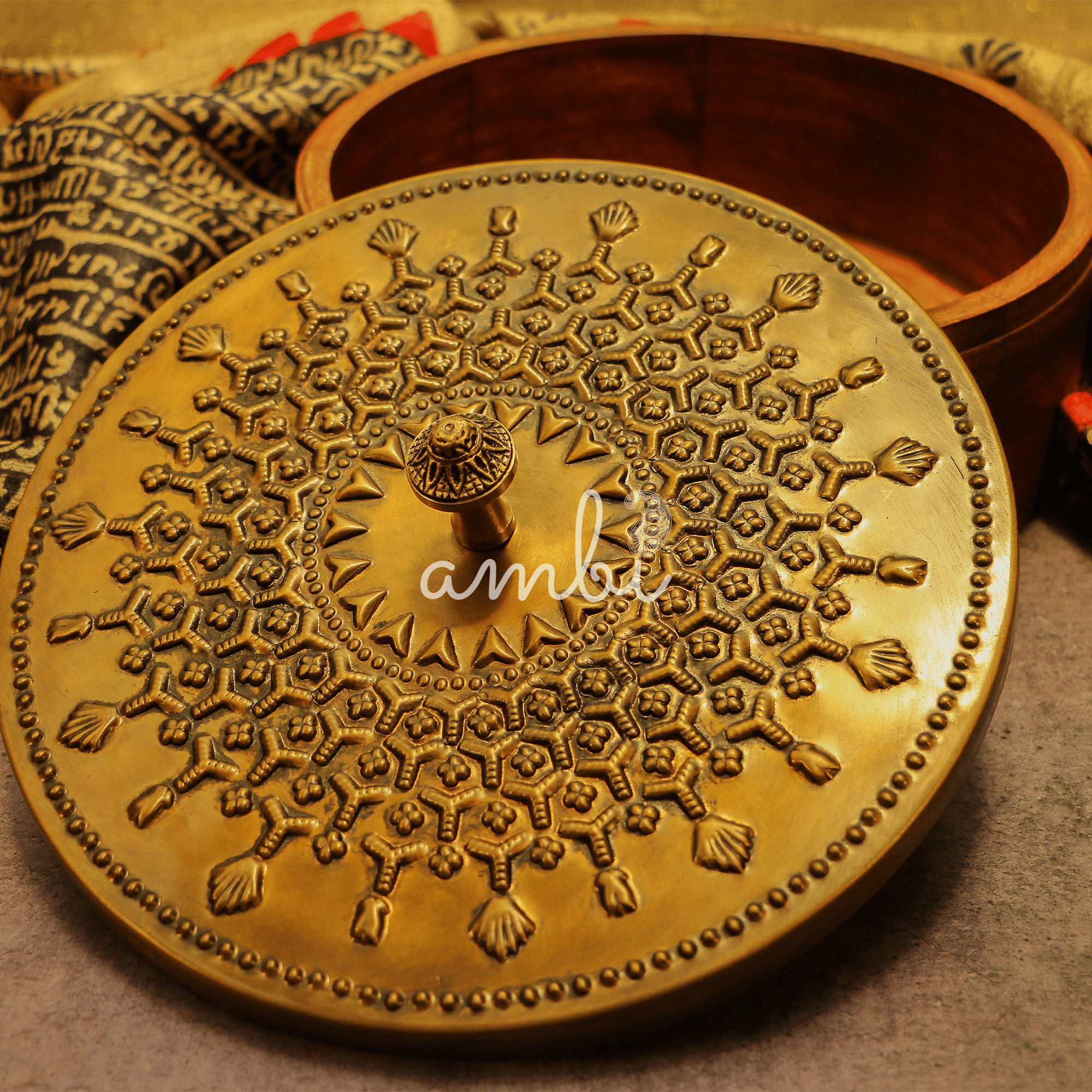 Pure Brass Heavy Inlay Work Chapati / Roti Box - 9 Inches Diameter with Tongs