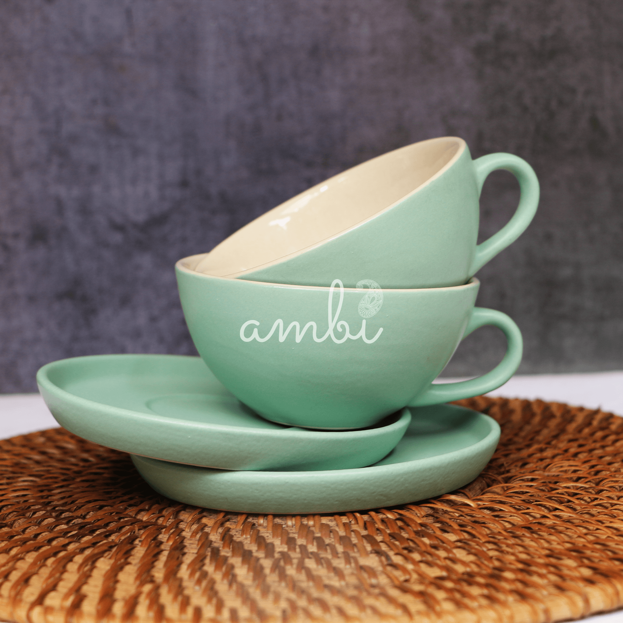 Ambi Ceramic Teal Green Cup and Saucer Set I Handmade Pottery Set of 1 - 180 ml