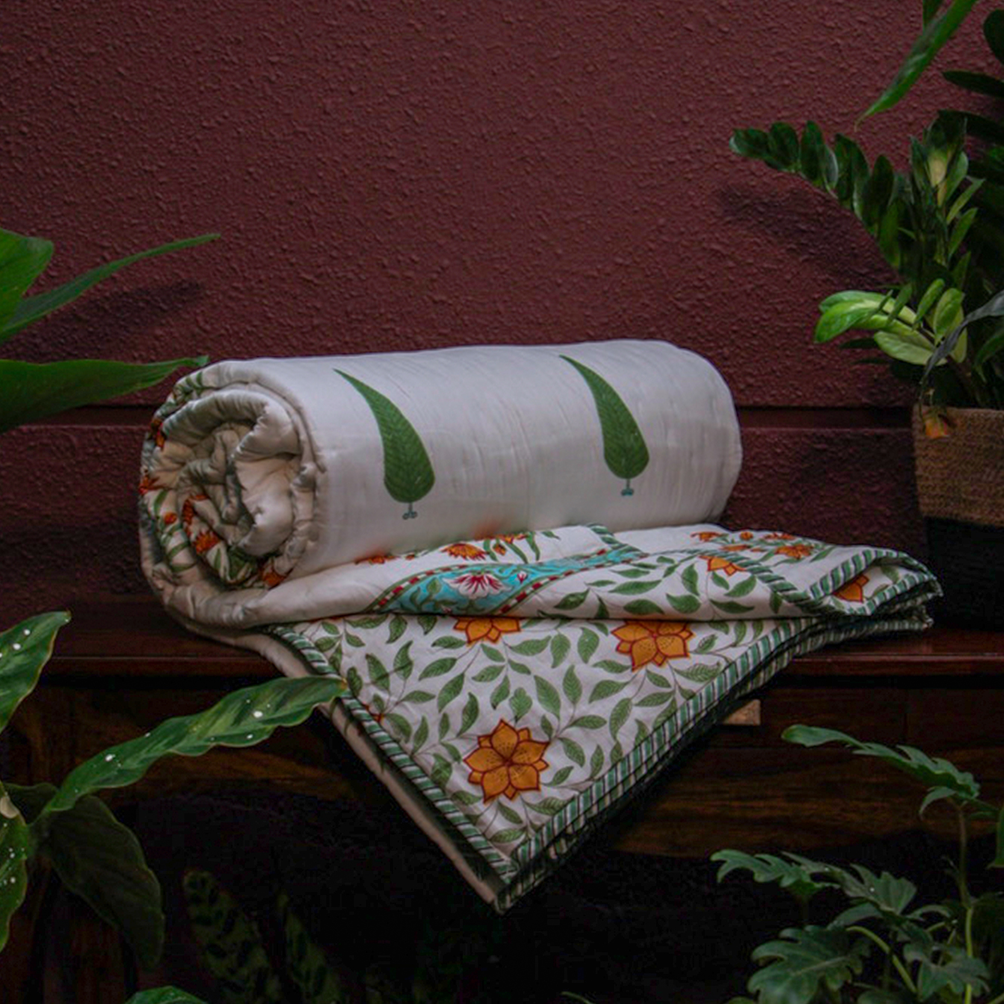 2026 Collection - Reversible Green Cypress Heavy Hand Block Printed Jaipuri Rajai / Quilt- Double - 90X108 Inches