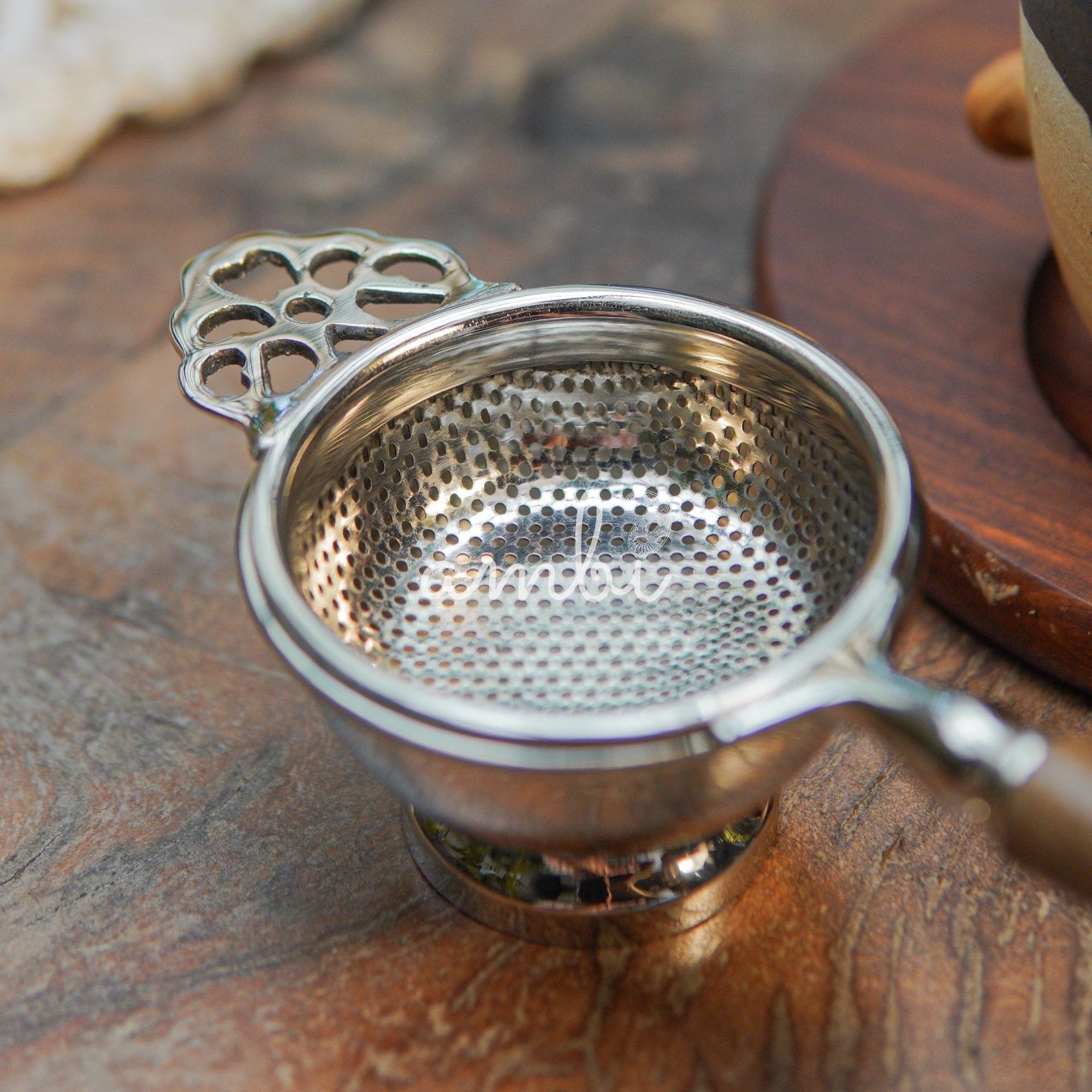 Matte Finish Brass Medium Sized Tea Strainer Silver 2 Piece Set With Wooden Holder