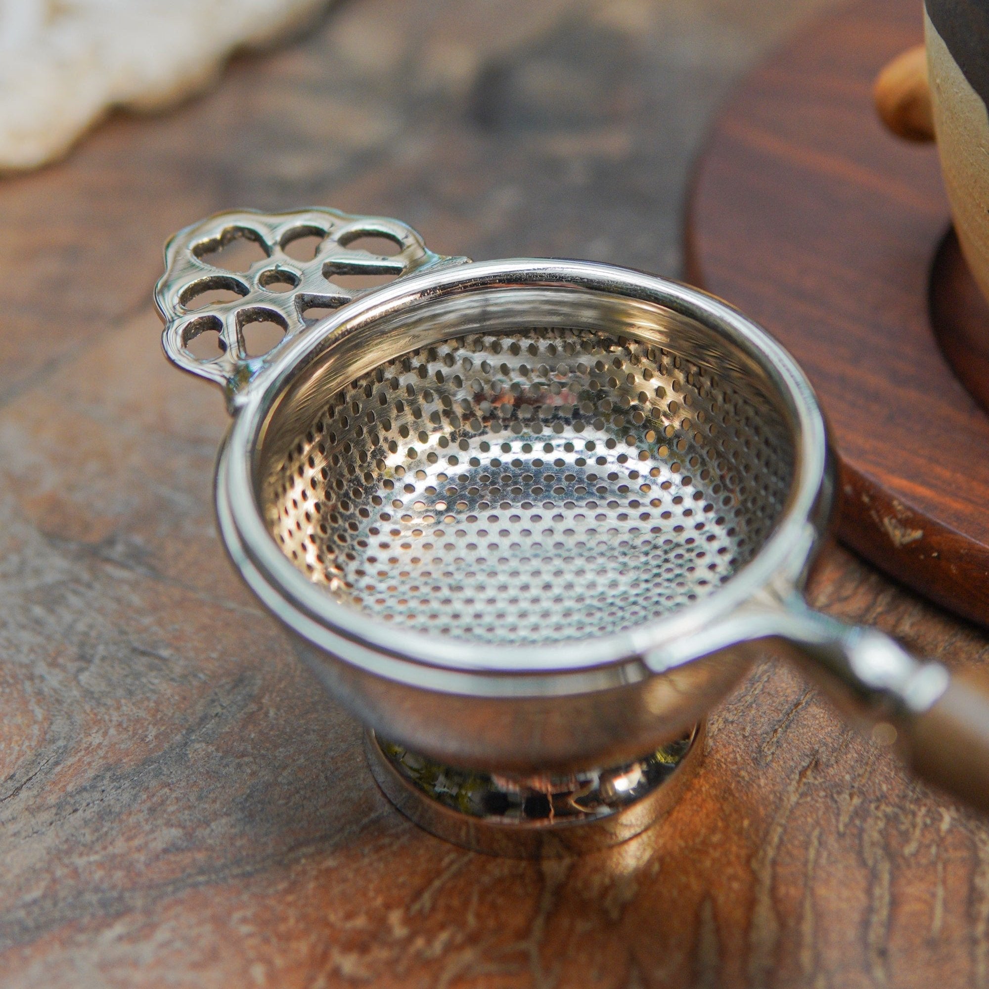 Matte Finish Brass Medium Sized Tea Strainer Silver 2 Piece Set With Wooden Holder