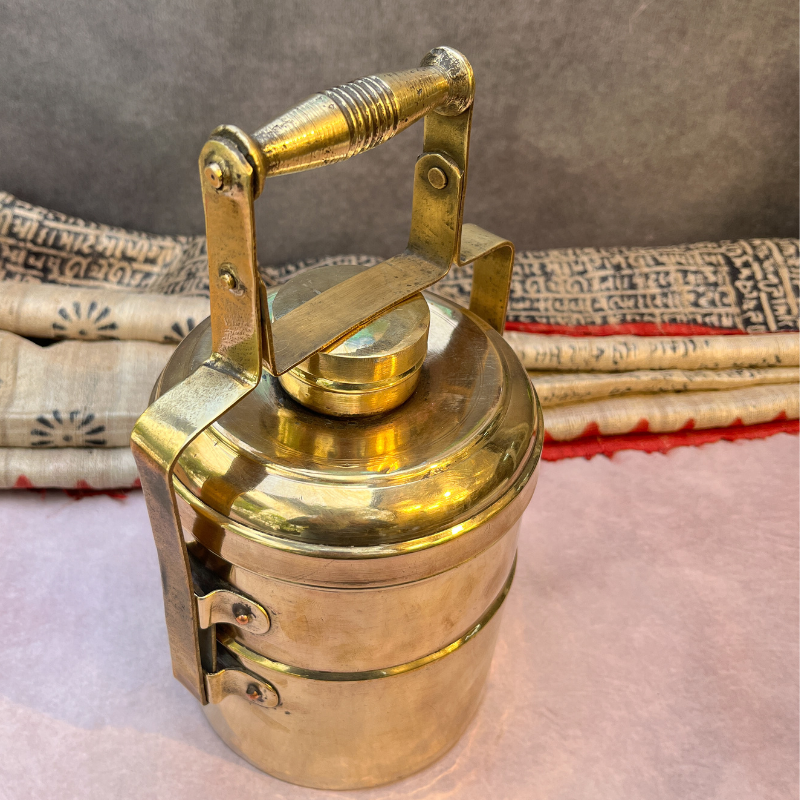 Elegant Handcrafted Vintage Brass Two Tier Tiffin Set
