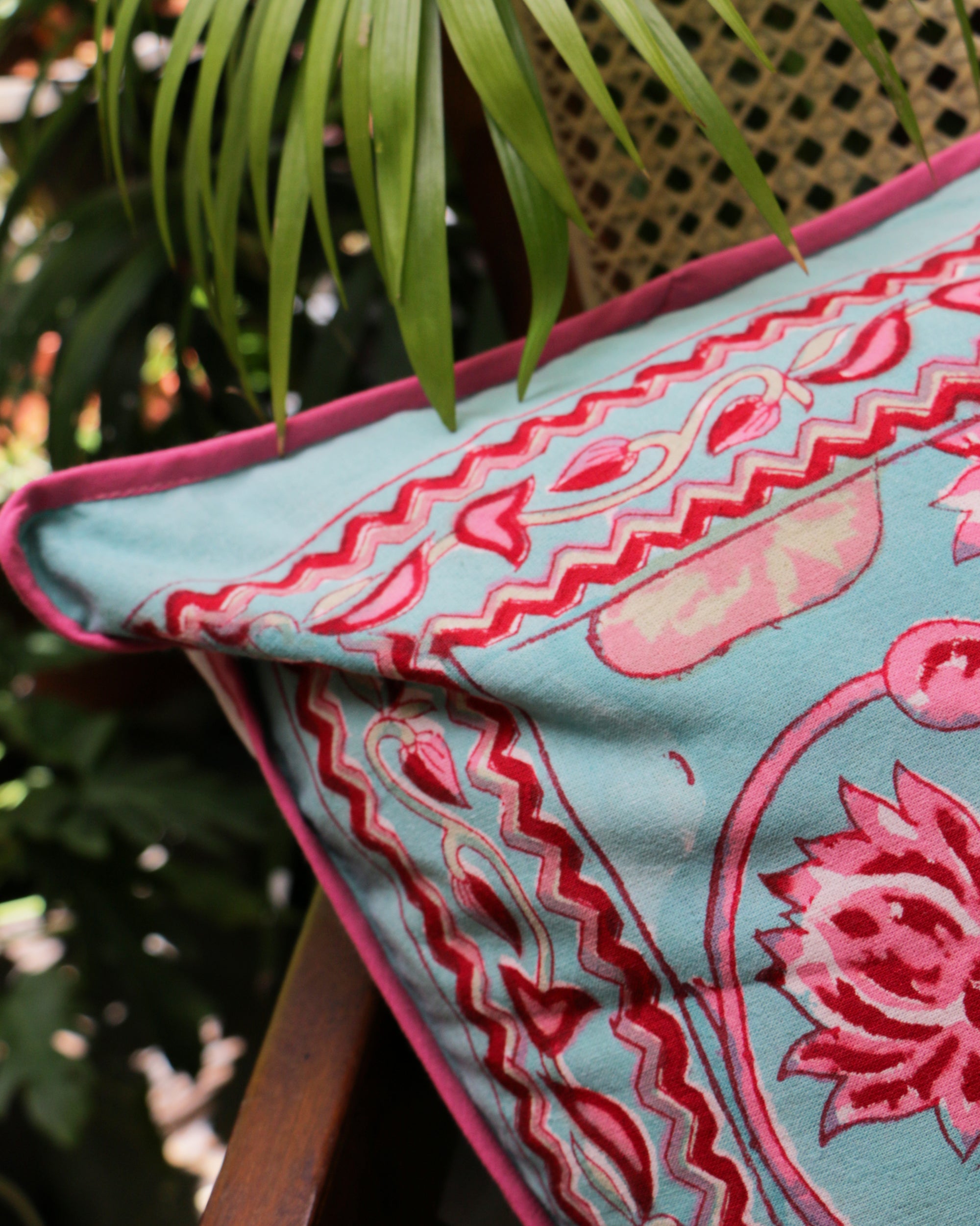 Diwali 2025 Hand Block Printed Double Side Cushion Cover Pink & Cyan (Set of 4) - 16 X 16 inches