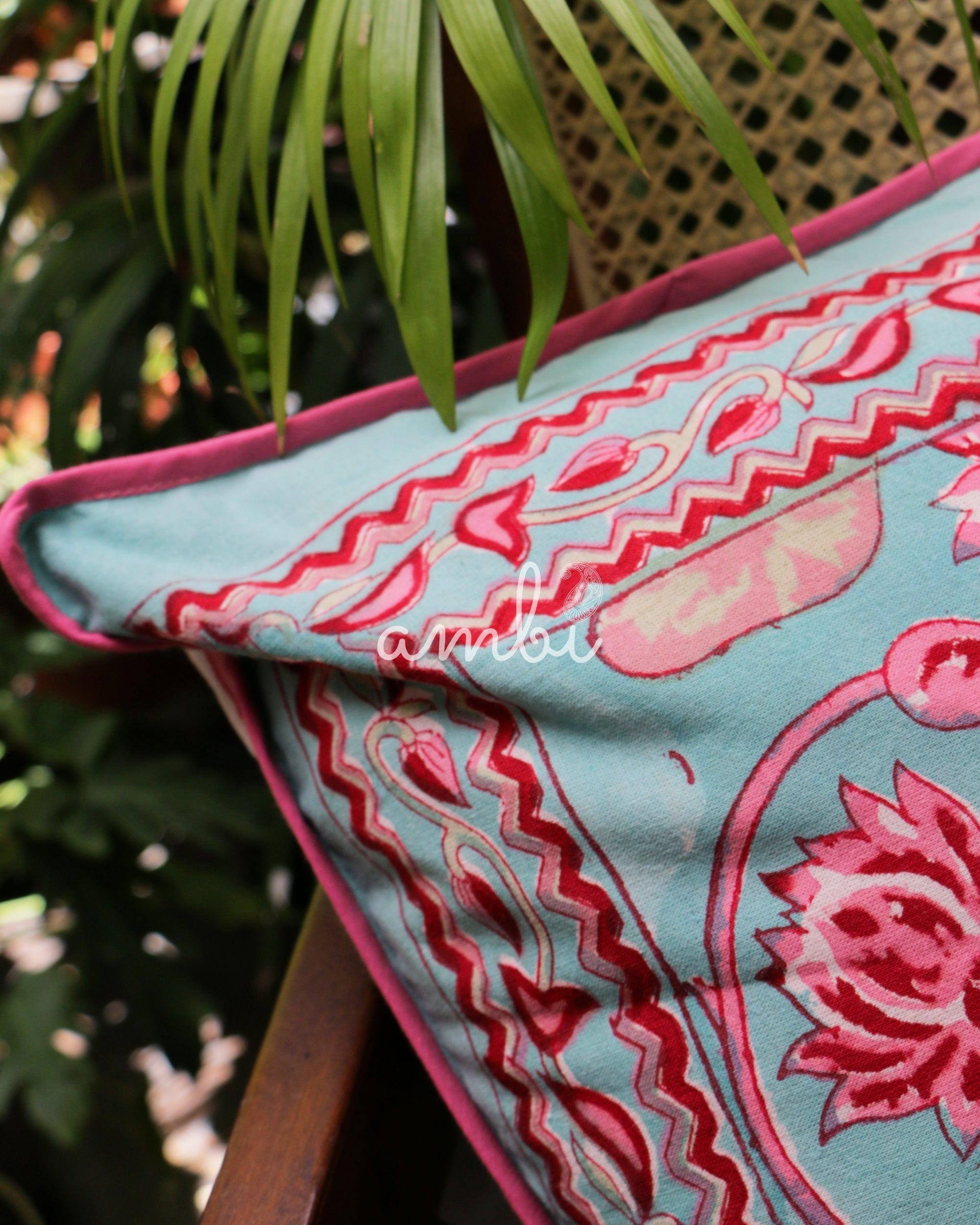 2026 Collection - Hand Block Printed Double Side Cushion Cover Pink & Cyan (Set of 4) - 16 X 16 inches