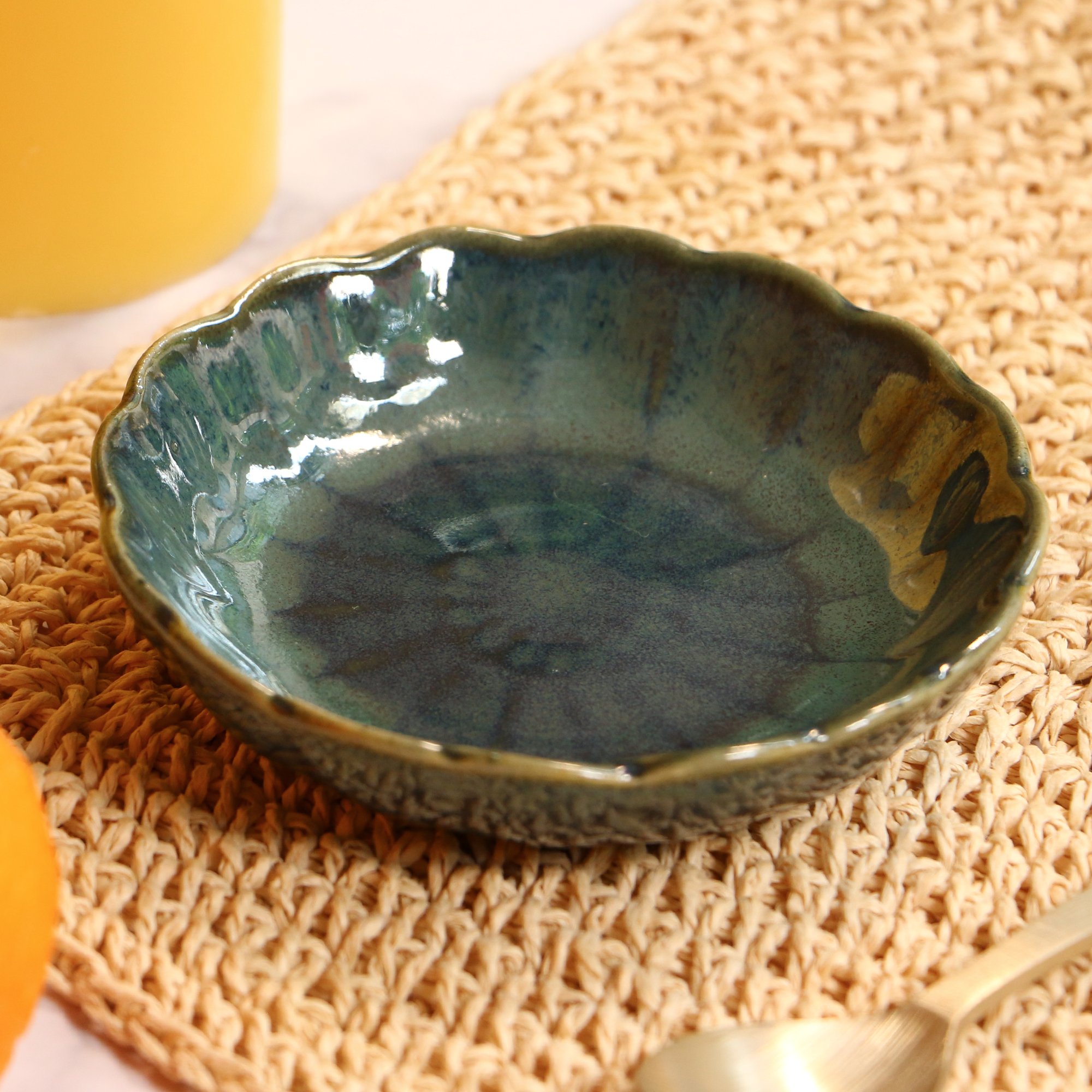 Ambi Handmade Floral Shaped Olive-Green Chutney Bowl 4 inches