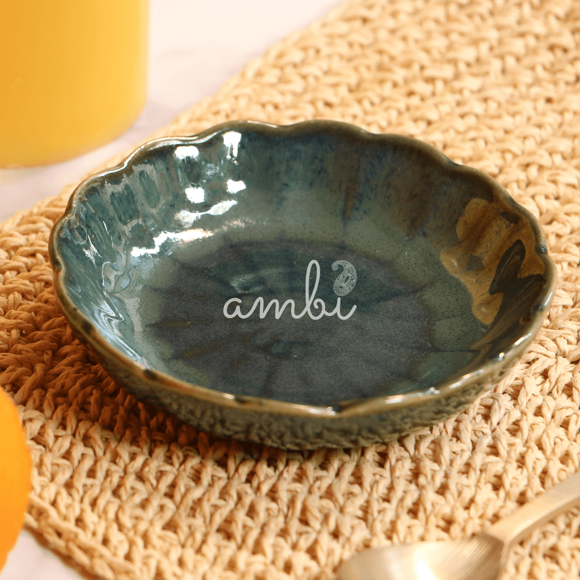 Ambi Handmade Floral Shaped Olive-Green Chutney Bowl 4 inches