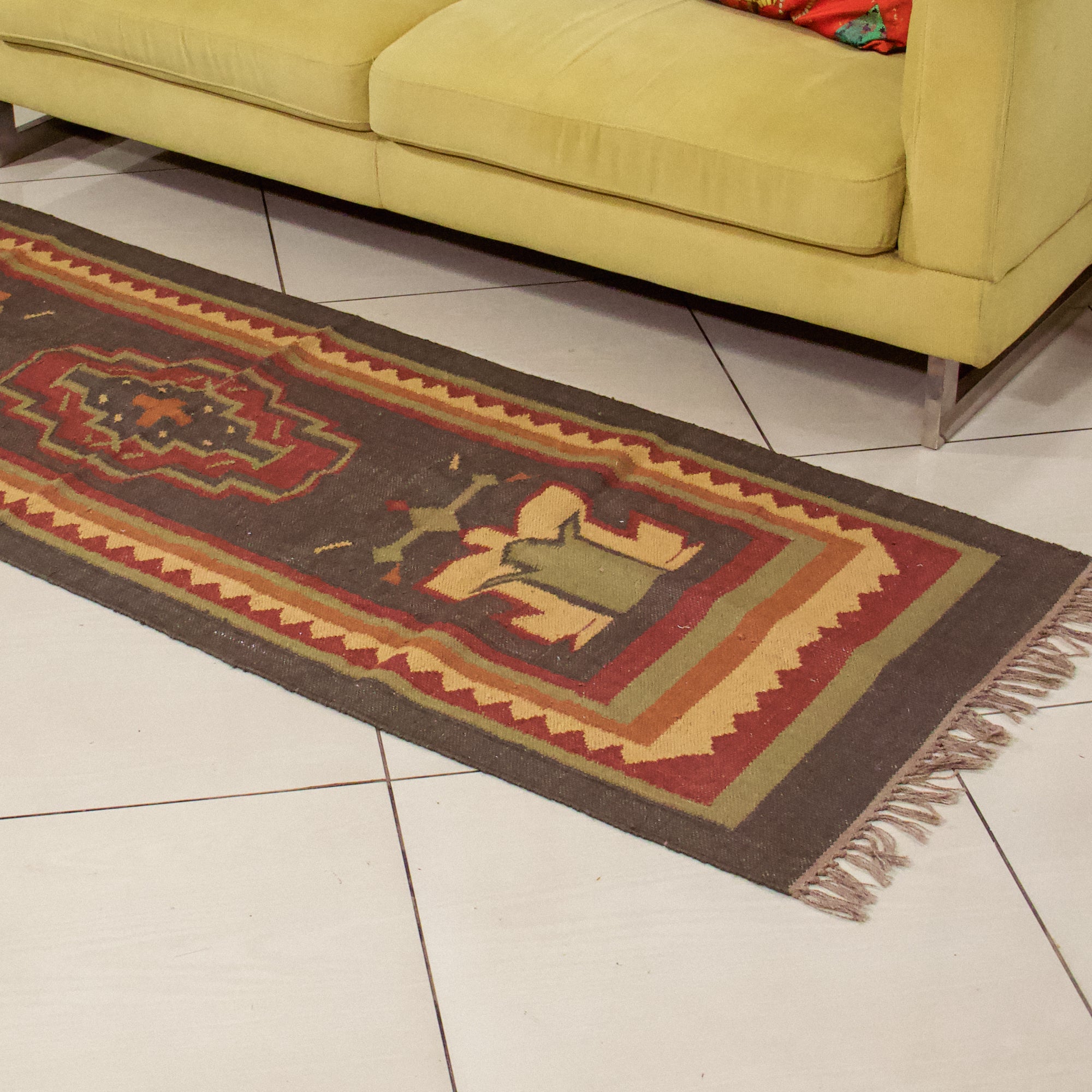 On Sale - Multicolour Woven Durrie / Rug / Bed Side Runner featuring patterns 2.5 X 8 Ft