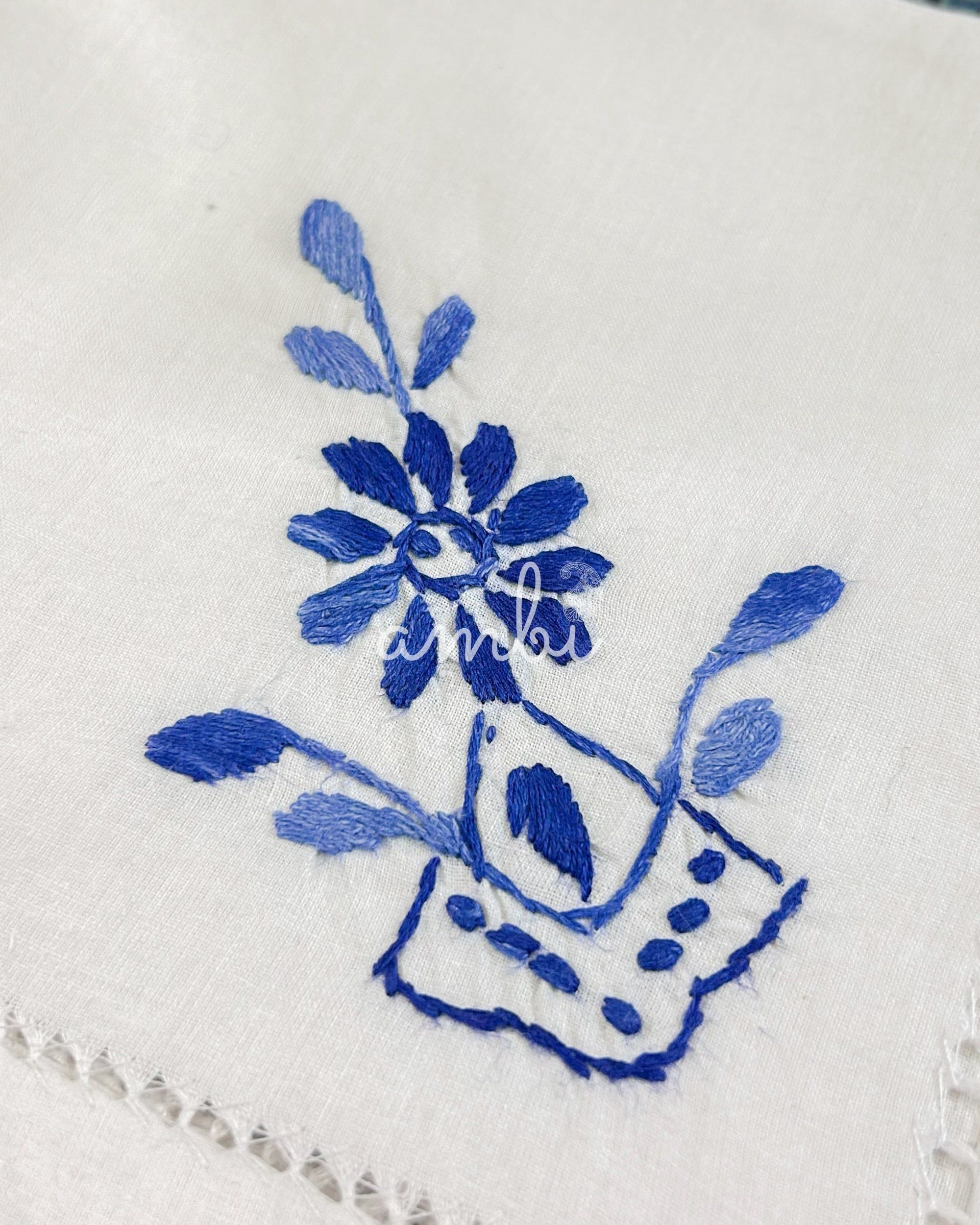 2026 Collection - Hand Embroidered Linen Napkins - Set of 6 - Blue