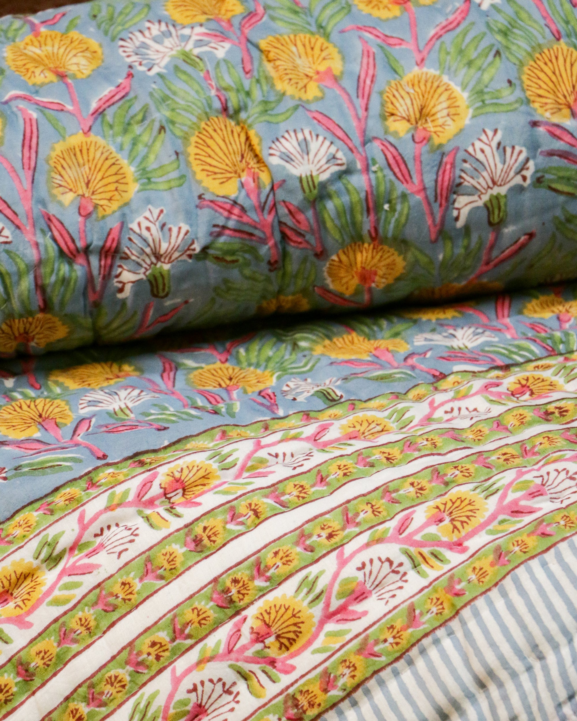 2026 Collection - Floral Yellow Hand Block Printed Jaipuri Rajai / Quilt- Singles - Pair of 2 - 60X90 Inches each