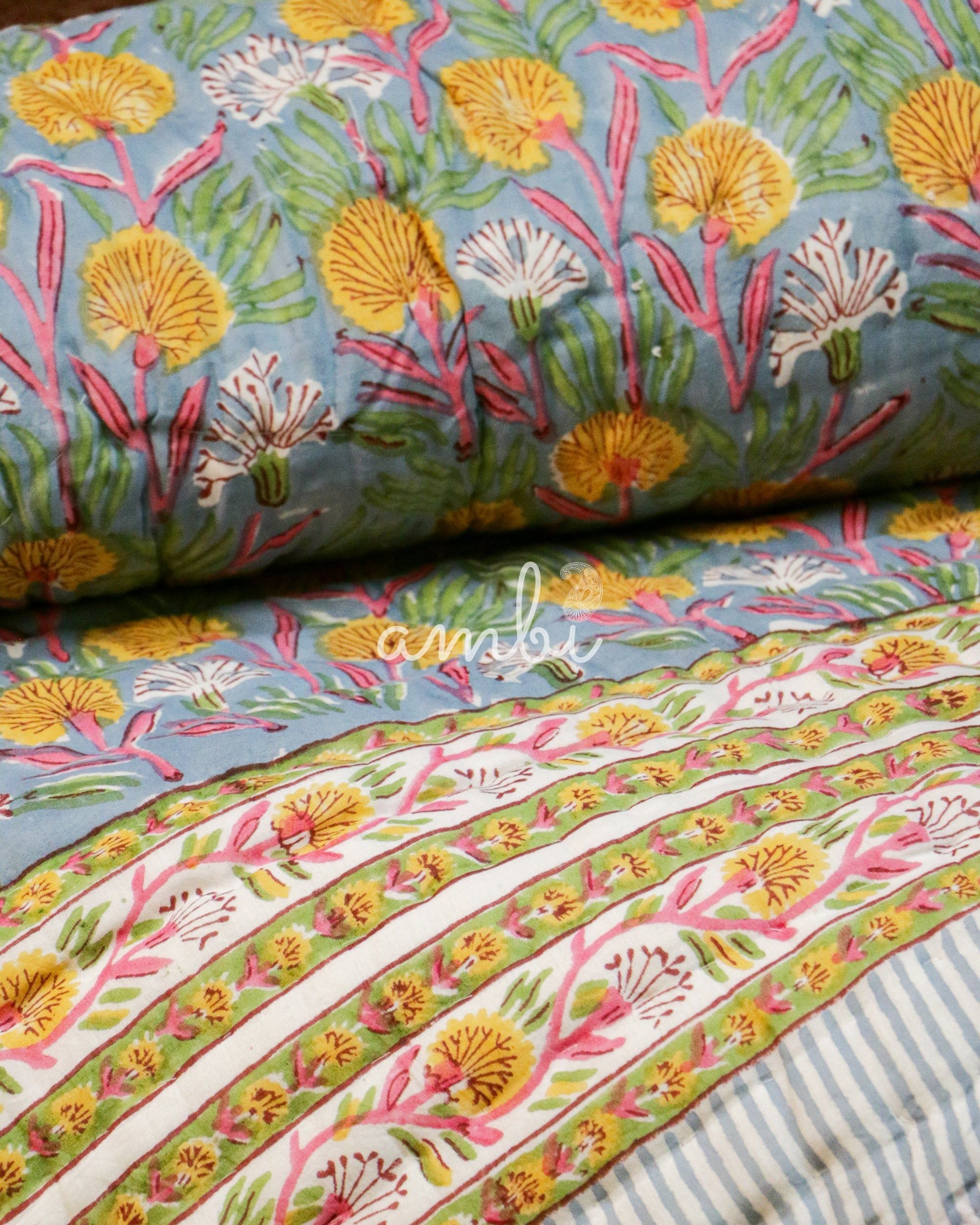 2026 Collection - Floral Yellow Hand Block Printed Jaipuri Rajai / Quilt- Singles - Pair of 2 - 60X90 Inches each