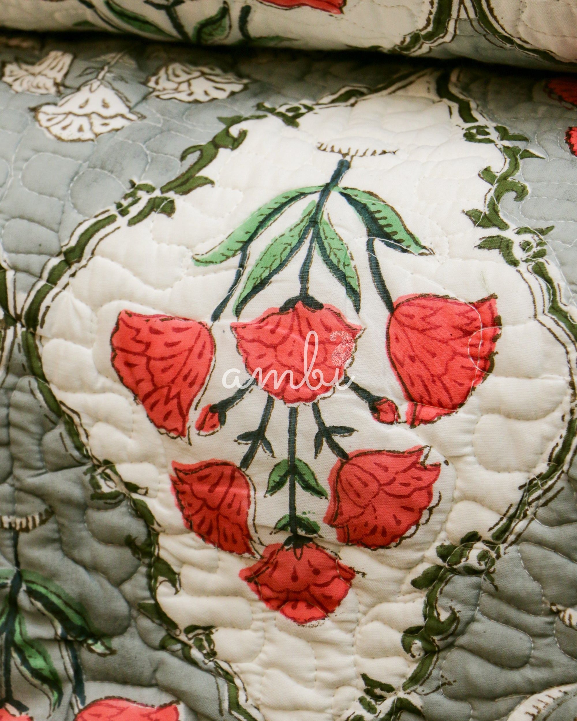 2026 Collection - Bed Cover Fuchsia Floral Hand Block Printed Jaipuri Quilted Bed Cover with 2 Pillow Covers- Double - 108X108 Inches